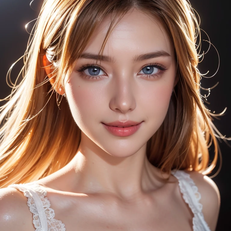 masterpiece,best quality,ultra-detailed,extremely detailed CG,unity 8k wallpaper,super detailed skinperfect anatomy,cinematic lighting,beautiful detailed eyes, raw photo,photo reality,( Beautuful Women,super beautiful face, european,1woman,shiny skin),full body shot,blond hear,a smile,woman sexy,white lingerie,