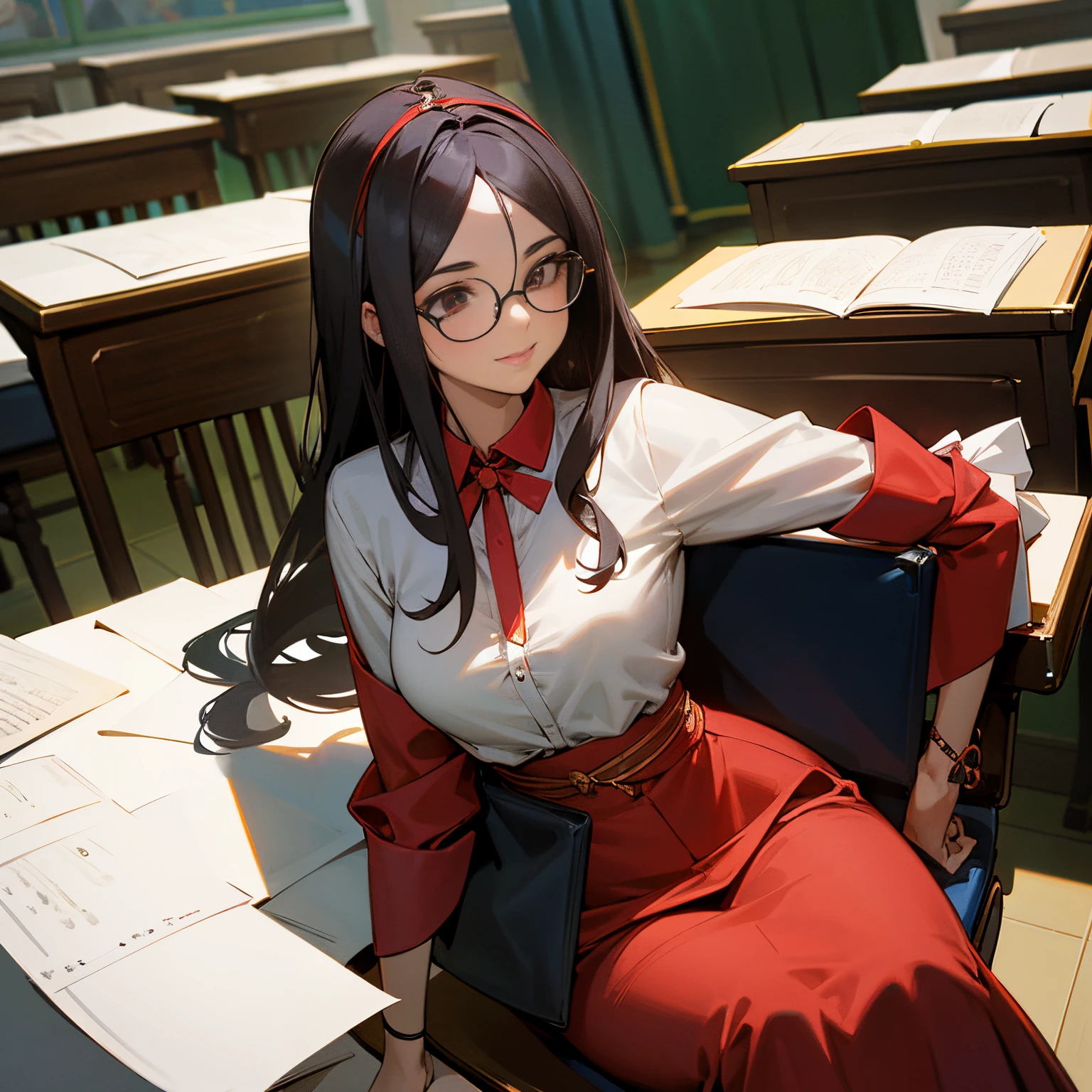 Estilo anime, sala de aula de faculdade, professora s3xy mulher adulta linda morena de olhos verdes, eyeglass, cabelo preso como coque, corpo escultural, voluptuosa, big sixes, camisa branca transparente, com botao com grande decote mostrando lingerie vermelha, saia preta ate os tornozelos e sandalia preta, She is sitting at the teacher's table, pernas cruzadas, behind the black square with mathematical counts, ela tem olhar fixo sexy e sorri maliciosamente