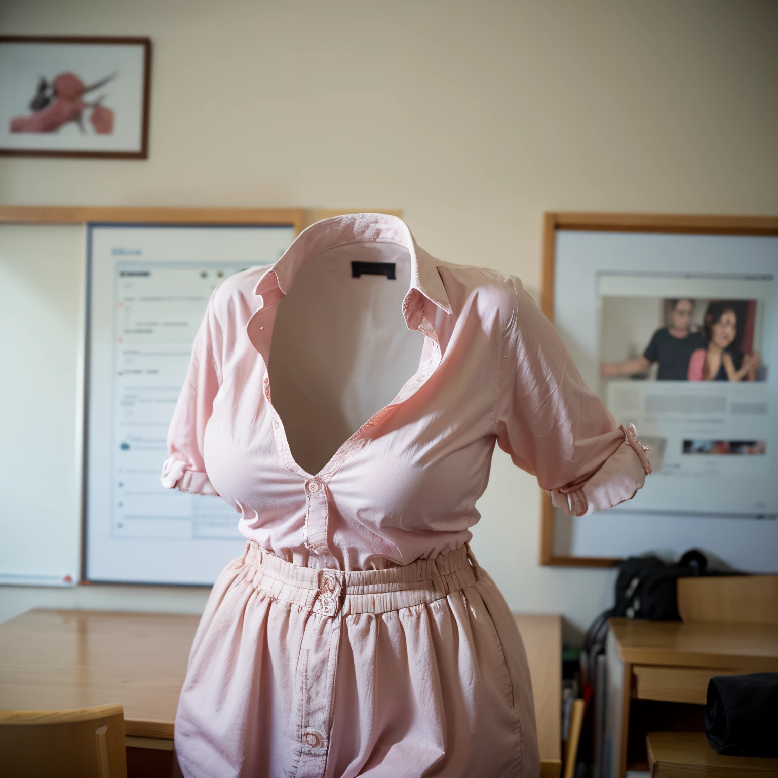 chubby, fat, (underwear is showing), school uniform, classroom, (Seductive pose, Emphasize the cleavage, Showcasing cleavage), (invisible:1.5, no humans:1.5, headless:1.5, faceless:1.5), (cute big breasts), (close-up shot of breasts), (8k, RAW photo, best quality, masterpiece:1.2), (realistic, photo-realistic:1.37), photon mapping, radiosity, ((Hasselblad photography)), physically-based rendering