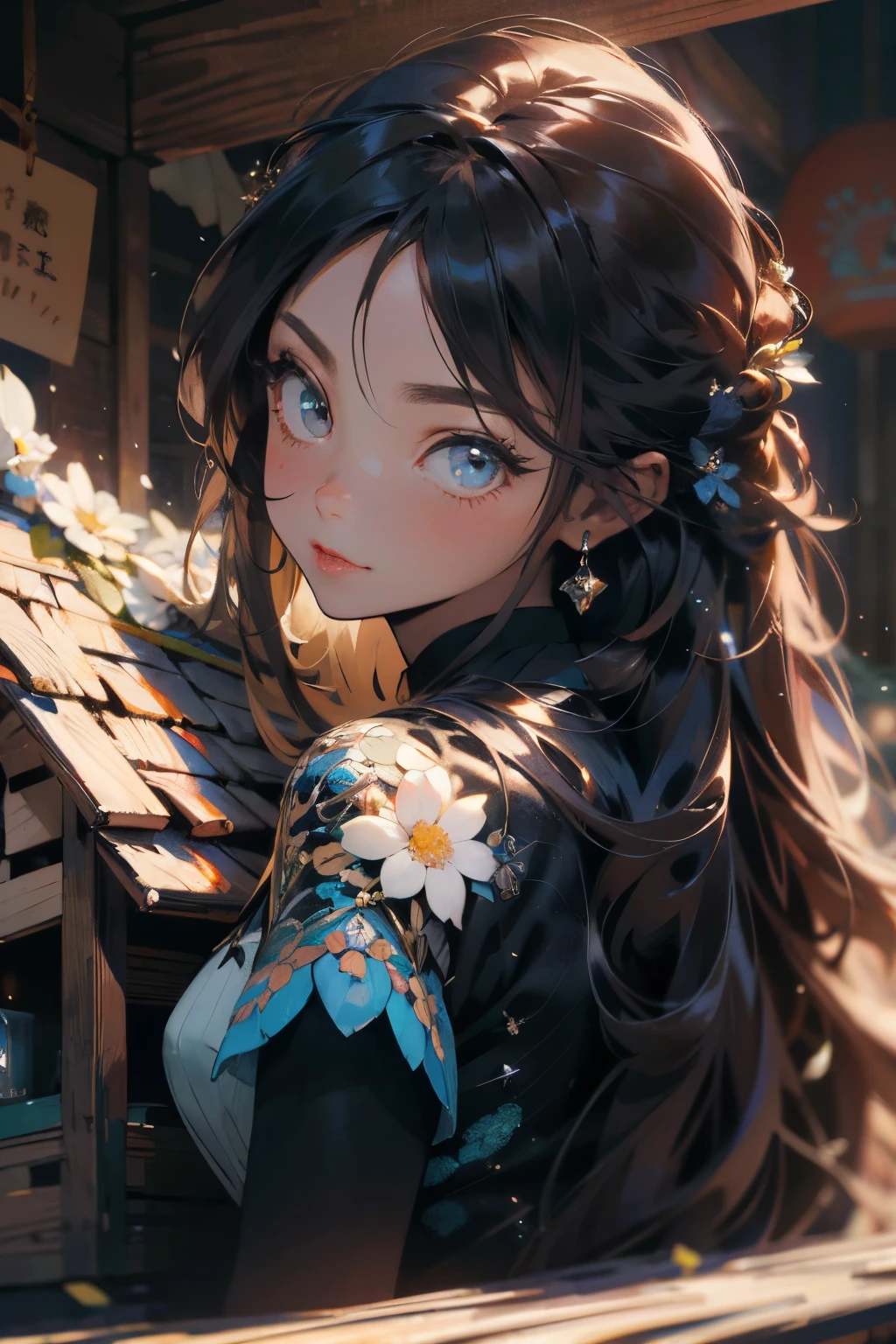 make realistic,(nmasterpiece,top Quority,best qualtiy,offcial art),ighly detailed,Colorful,best detailed,fairy chalet,Broad background,Kamimei,length hair,cabelos preto e longos,Beautiful woman