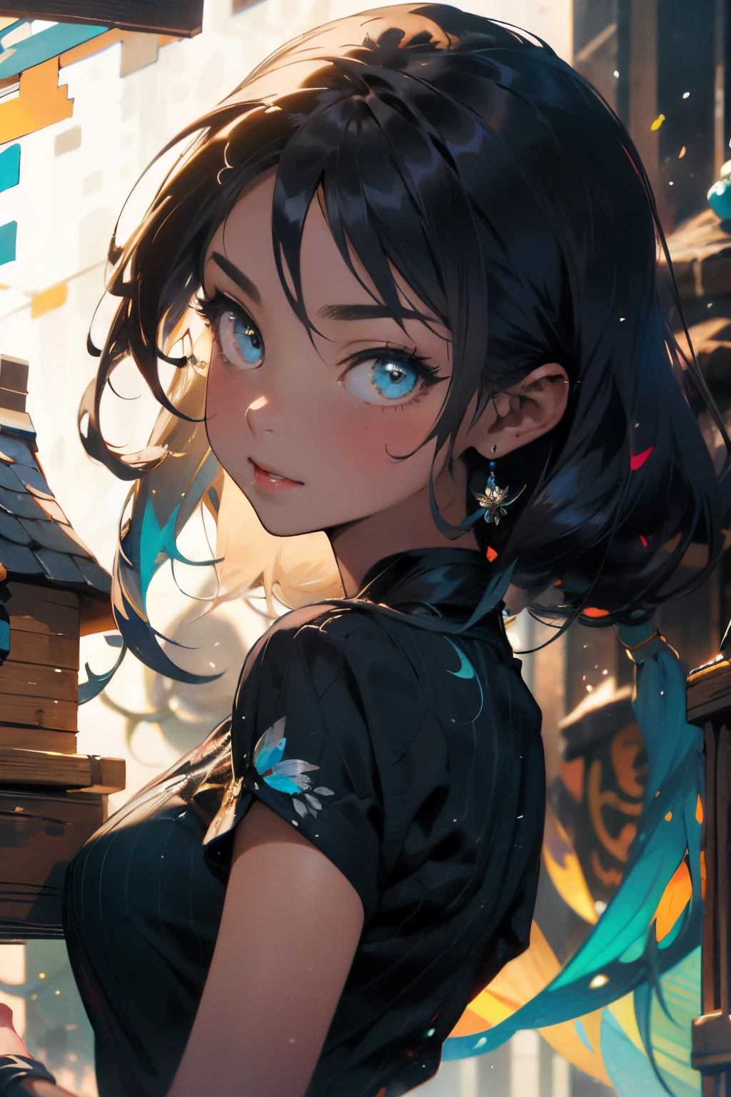 make realistic，（nmasterpiece，top Quority，best qualtiy，offcial art），ighly detailed，Colorful，best detailed，fairy chalet，Broad background，Kamimei，length hair，cabelos preto e longos，Beautiful woman