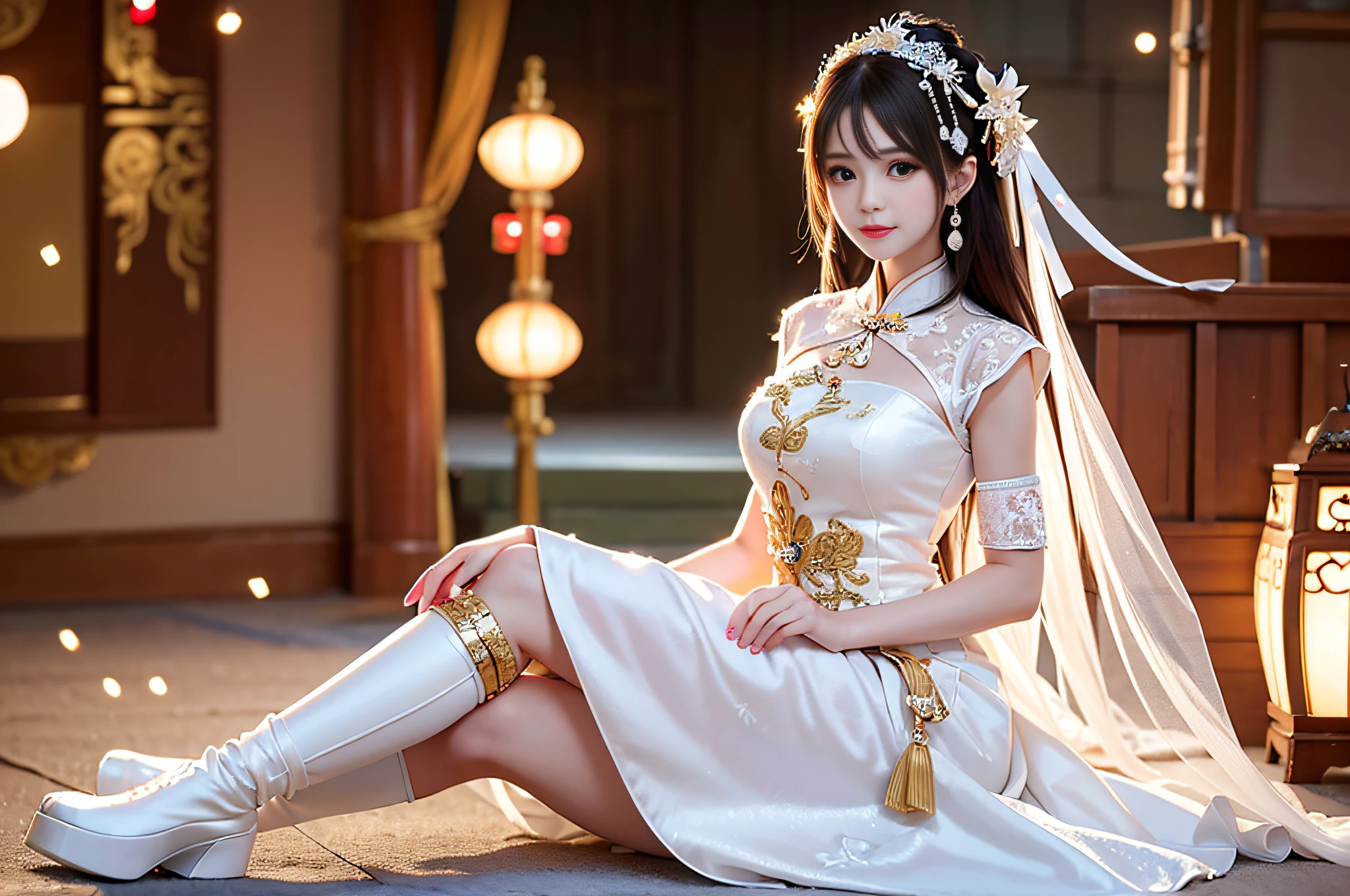 Best Quality, Masterpiece, High Resolution, 1girl, Chinese Wedding Dress, Full Body, White Boots, Hair Accessories, Necklace, Jewelry, Perfect Face, Good Looking Eyes, Soft Lighting, High Quality, Volume Lighting, Frank, Photo, High Resolution, 4K, 8K, Bokeh