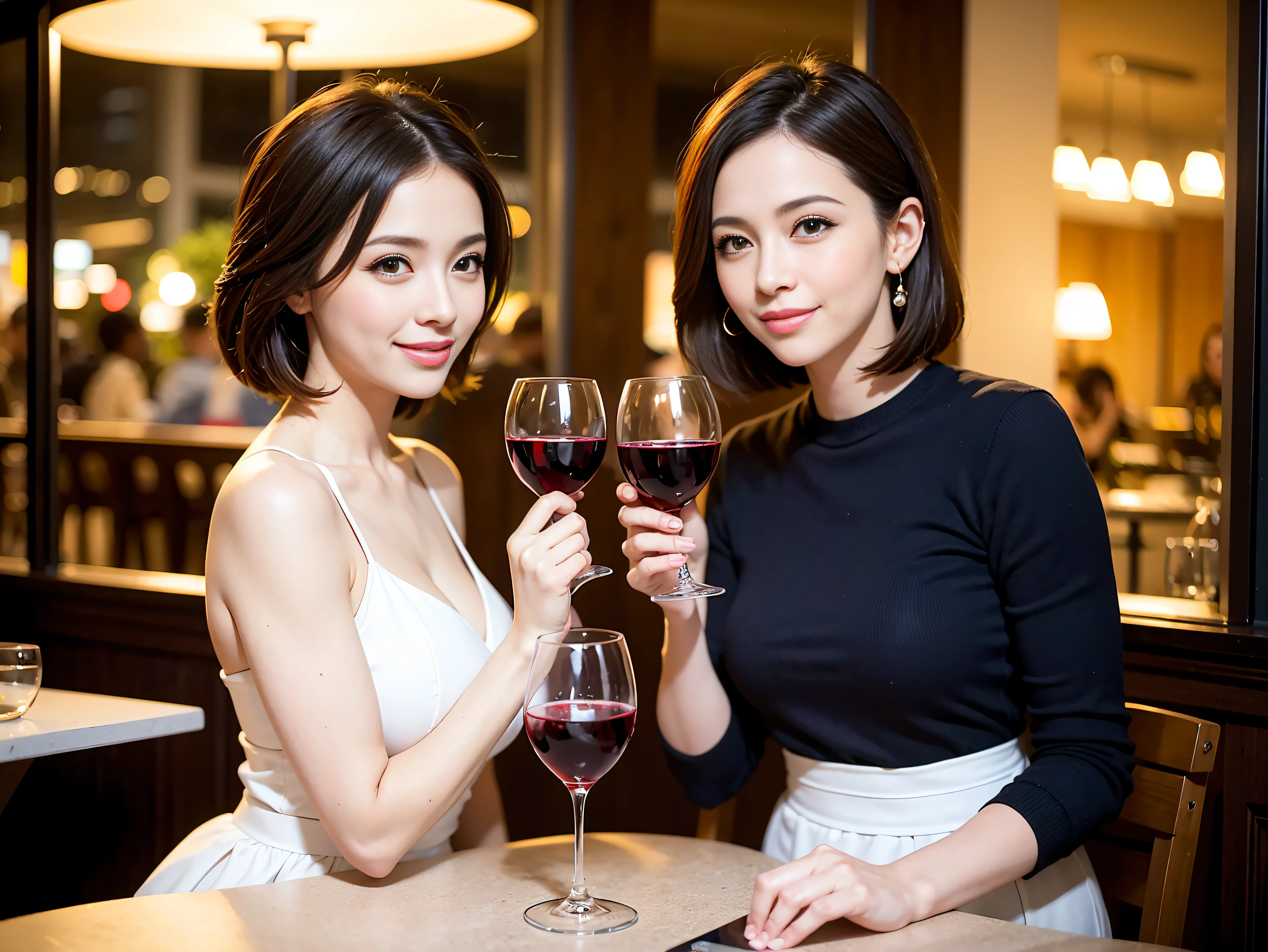 ((Highest quality、8K、masterpiece:1.3))、1 male、1 woman who resembles Satomi Ishihara、Couple、spouse、Couple、The body is slim、((Bob Hale、Straight hair:1.2)), (Realistic, Intricate details:1.2), テーブルの上のwine glass、Put the light on your face、 Amazing view of the sunset sky and clouds、Amazing mountain views、A bright smile、The wonderfulness of smile、Bright image、The beauty of wine, Beautiful Face, blue eyes, The light shines on your face, Blushing, short hair,Bright Face、42 years old), 39 years old, red wine 、Appetizers、Italian food、Wine bottle、Champagne、sparkling wine、Two beauties、Brown Hair、Shortcuts、Long sleeve shirt、dress、Beautiful woman 1, (slimな顔), (The body is slim), (Brown Hair), (Shortcuts), cheeks turn a little red,Attractive beauty、restaurant, In a prominent place (From the waist up) Nova Frog Style, actress, model, Upper Body, White wine, slim, wine glass, 中央に置かれたwine glass, smile, (smile: 1.15), Beautiful fine grain, Depth f/2,saturation, High Contrast, Strong light and shadow,Moist Body:1.5、3D texture、Delicate eyes、Brown Hair、The hair is very shiny、