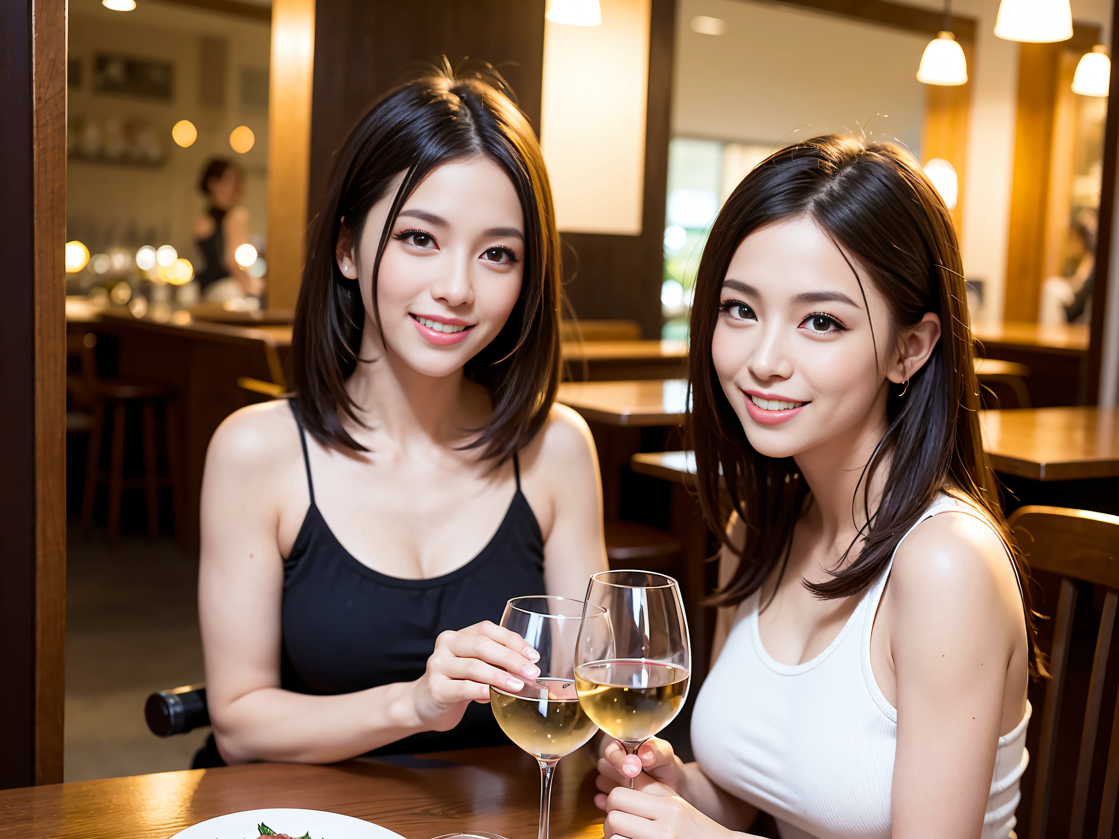 ((Highest quality、8K、masterpiece:1.3))、1 male 1 female、lover、Beautiful couple、Happy smile、full-course dinner、 (Slim face), (the body is スリム), (Brown Hair), (Shortcuts), ((Bob Hale、Straight hair:1.2)), テーブルの上のwine glass、Put the light on your face、 Amazing view of the sunset sky and clouds、The beauty of a smile、Bright image、Blushing, Shortcuts, (43 years old), 39 years old, Appetizers、Italian food、Wine bottle、Champagne、sparkling wine、Long sleeve shirt、dress、Attractive beauty、restaurant, Nova Frog Style, actress, model, Upper Body, White wine, red wine, wine glass, 