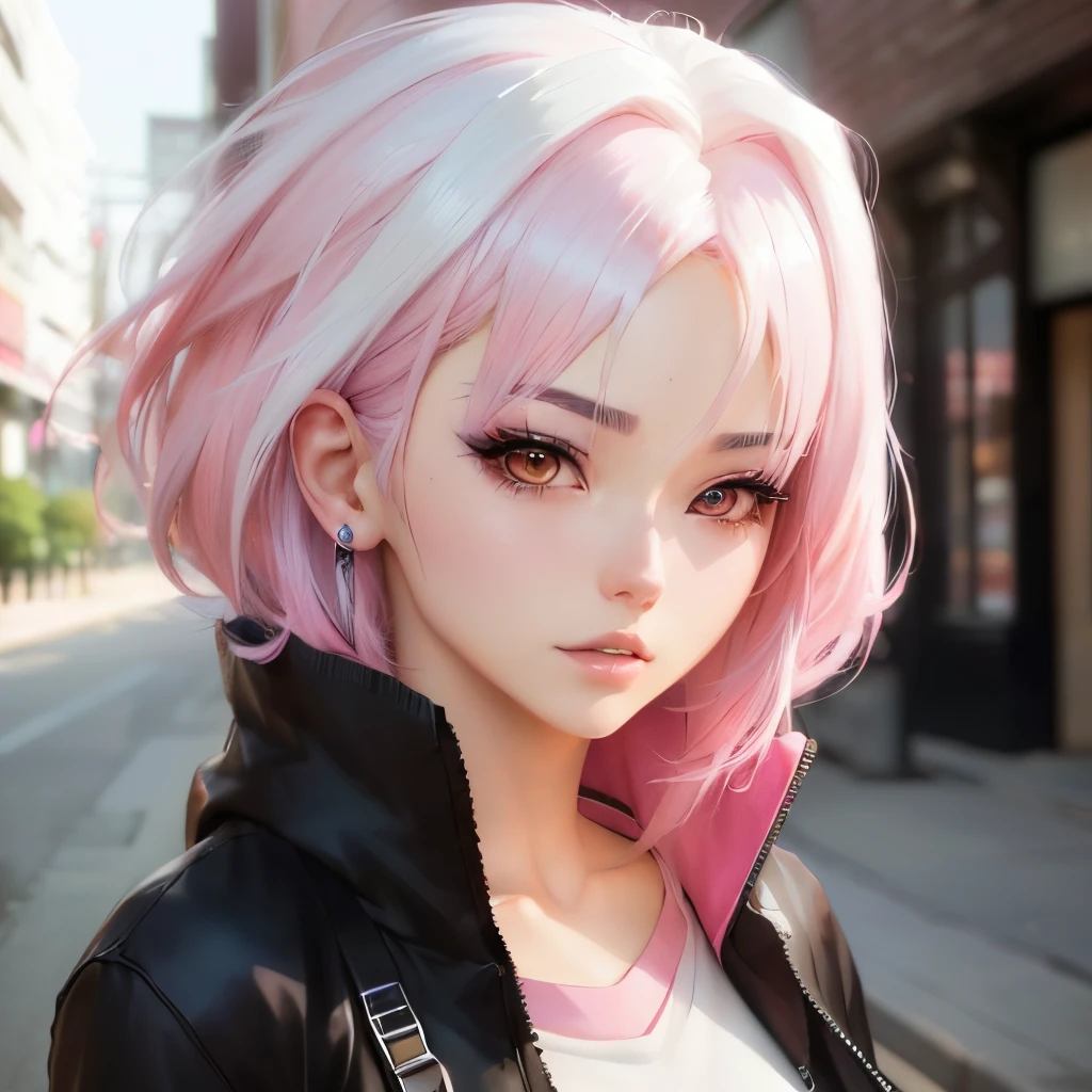 Close up of man with pink and white hair, realistic anime 3D style, anime realism style, Realistic anime art style, Guweiz style artwork, Surreal anime, Realistic anime art style, 3 d anime realistic, style of anime. 8K, realistic young anime girl, Real anime style from pixiv, Full body realistic anime style