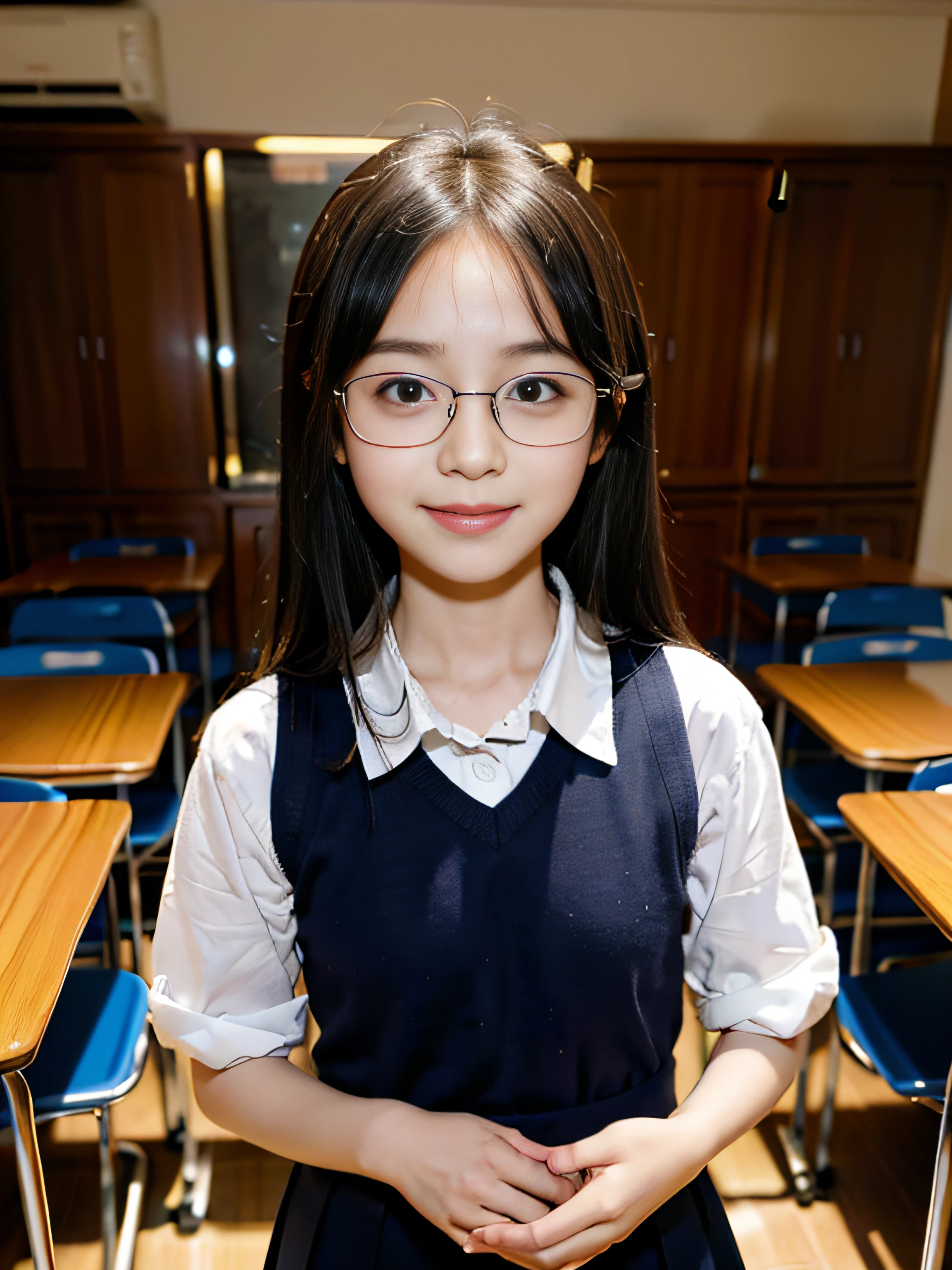 (8K,RAW Photos,highest quality,masterpiece:1.5),(Watching the audience:1.5),smile,Black Hair,(live-action:1.5),(Realistic expression:1.5),( girls:1.5),(School uniform:1.5),(The background is an empty classroom:1.5),(Young face:1.4),(Big Breasts:1.5),Showing beautiful teeth,Braid,Glasses,She lifts her skirt to show her crotch