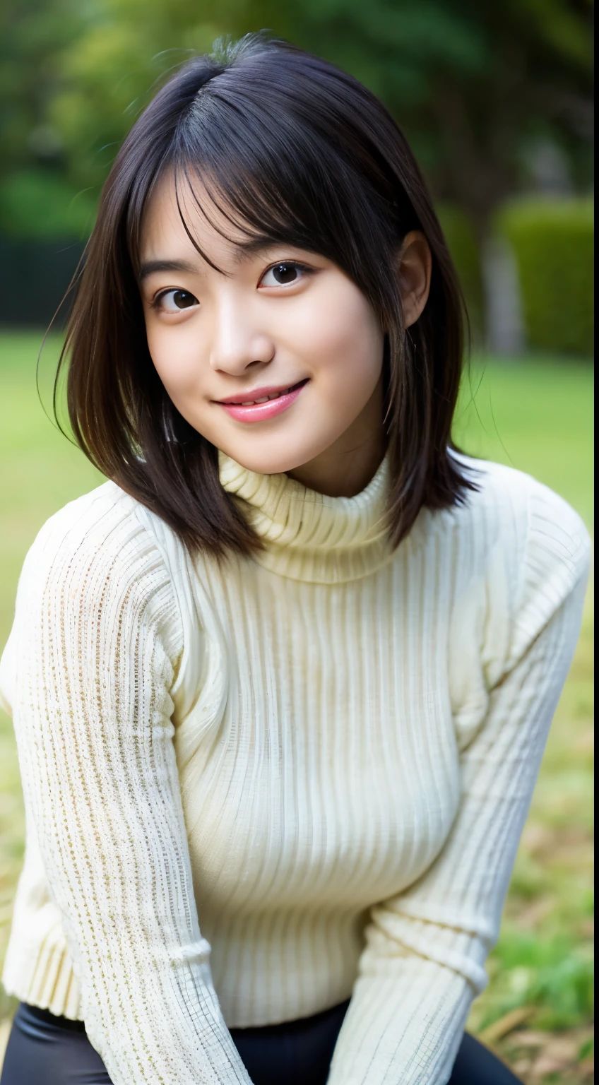 Best-quality, Masterpiece, Ultra-High-Resolution, (Photorealistic:1.4), Raw-Photo, Extremely-Details, Perfect-Anatomy, 1girl, 18-years-old, the most famous Japanese idol, cowboy-shot, looking at viewer, innocent smile, wearing very tight turtleneck sweater, wearing pleated miniskirt, wearing black leggings, detailed extremely cute face like a most popular Japanese idol, detailed extremely beautiful big black solid circle eyes, detailed extremely beautiful black short-cut-haired, detailed extremely beautiful realistic skins, detailed extremely beautiful hip, detailed extremely beautiful medium breasts, detailed extremely beautiful body, detailed extremely beautiful thighs, detailed very tight turtleneck sweater, detailed pleated miniskirt, detailed black leggings