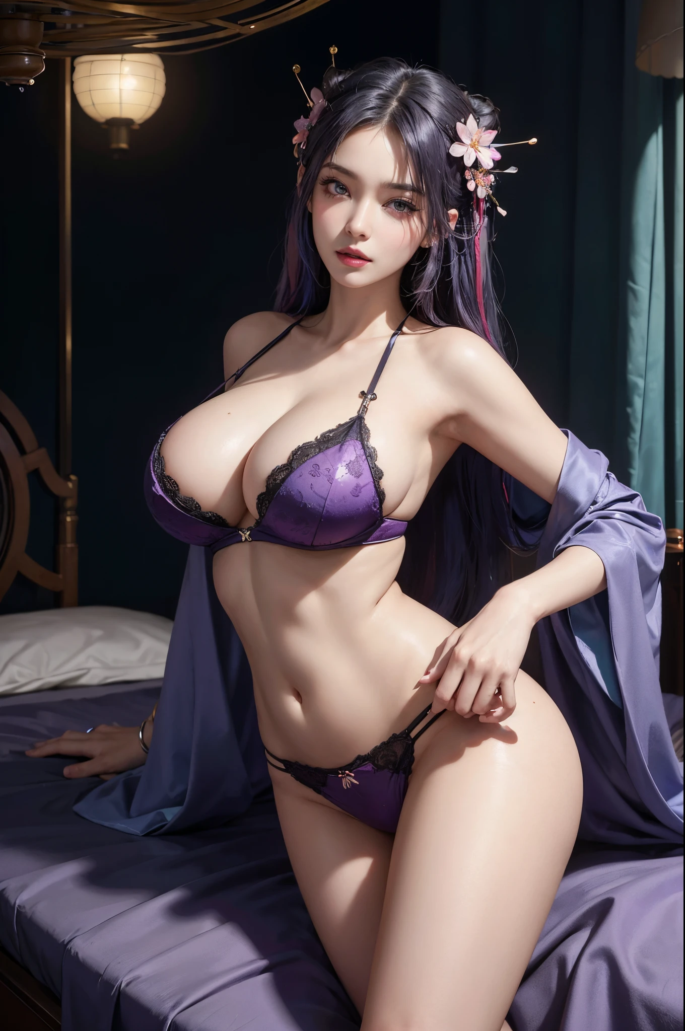 32K UHD QUALITY RESOLUTION, RAW PHOTO, PHOTOREALISTIC, HYPER-REALISTIC, OFFICIAL ART, PERFECT MASTERPIECE, the most beautiful and sexy cyberpunk Taoist goddess, long mint colored hair, detailed vibrant moonlight eyes, long detailed eyelashes, blushing, sexy, slutty, seductive alluring facial expression, wearing highly detailed futuristic colorful cyberpunk kimono, open kimono, sexy lewd lingerie underneath, super huge enormously gigantic tits, cleavage showing, tons of tattoos and piercings, in her bed, spreading her legs open arching her back, luxurious bedroom background, highly detailed background, cherry blossoms blowing in the wind