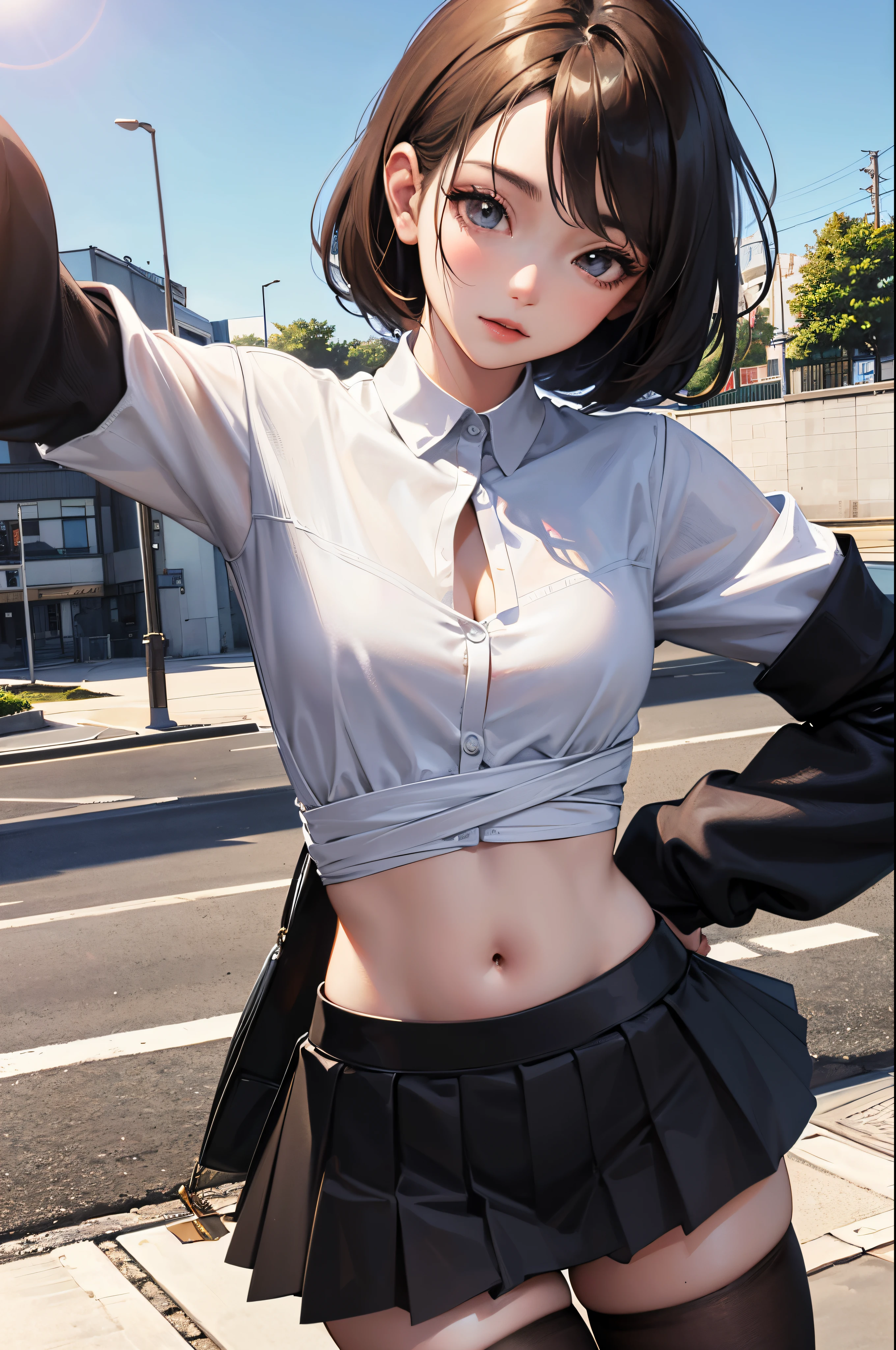 nobarakugisaki, nobara kugisaki, bob cut, (brown eyes:1.7), brown hair, lips, short hair, BREAK belt, brown belt,stockings,white crop top, crop top overhang,wet crop top, pleated skirt, medium skirt,shirt tucked in, skirt, blue skirt,skinny fit, BREAK looking at viewer,BREAK (masterpiece:1.2), best quality, high resolution, unity 8k wallpaper, (illustration:0.8), (beautiful detailed eyes:1.6), extremely detailed face, perfect lighting, extremely detailed CG, (perfect hands, perfect anatomy),street,night,cyberpunk,neon lights, wet road,nipples,showing panties,small ass,thin legs,full body,sitting on bench,spread legs, arms behind head,open mouth,medium breasts,