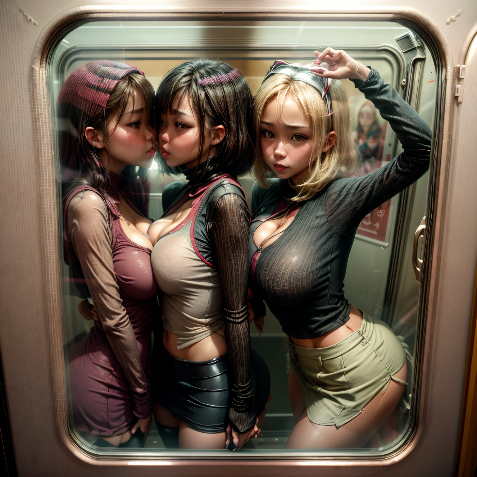 Two bimbo women are kissing through the glass of the train door. A woman is inside and the other woman is outside of train. upper body shot