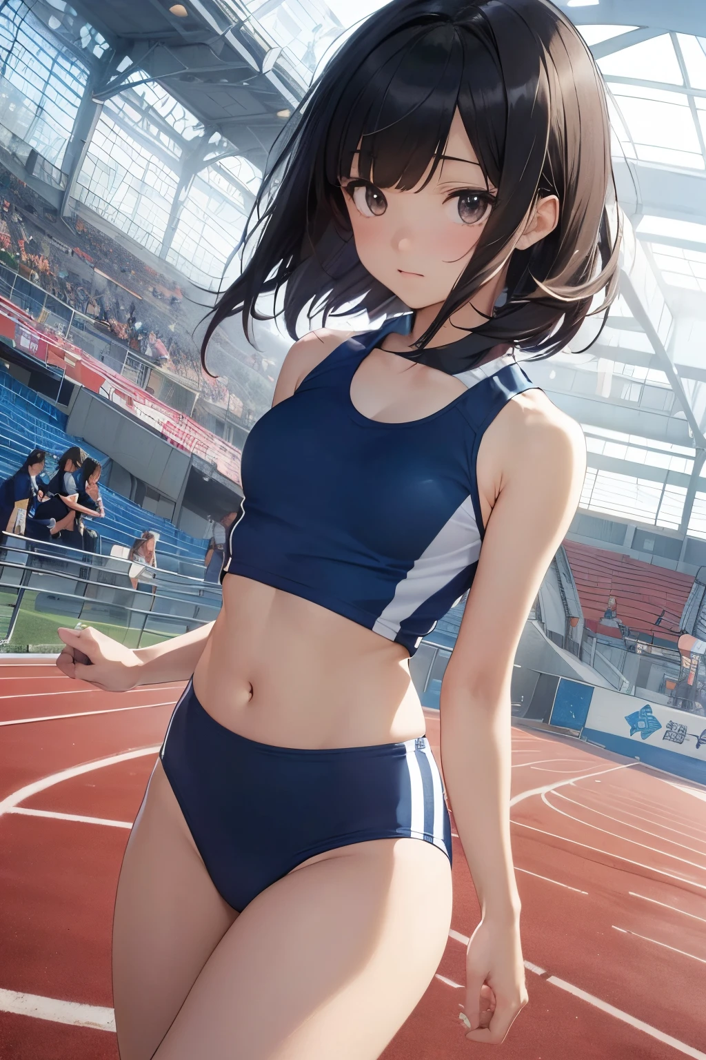 (masutepiece:1.2), (Best Quality:1.2), (hyper detailed illustration)，(beautiful artwork)，(Extreme detail CG Unity)， (8K Wallpaper)、​(exquisite lighting and shadow)、(highly dramatic picture)、(cinematic lens effects)、hi-school girl， (Tight athletics uniforms:1.1), 1girl in, (Buruma:1.2), ，Solo, Looking at Viewer, breasts,  Black hair,  Brown eyes, day, Small breasts, Bangs，(Long hair:1.2)，Dutch Angle，(straggling hair)， ground，(Dark blue bloomers), (Track and field uniform)，(light particles:1.2)，(bokeh:1.2)，(light rays:1.2)，