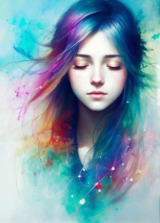 a woman of agnes cecile, glowing design, Pastel colors, ink drops, autumn lights, Closed eyes, final fantasy 14, Raphael clan