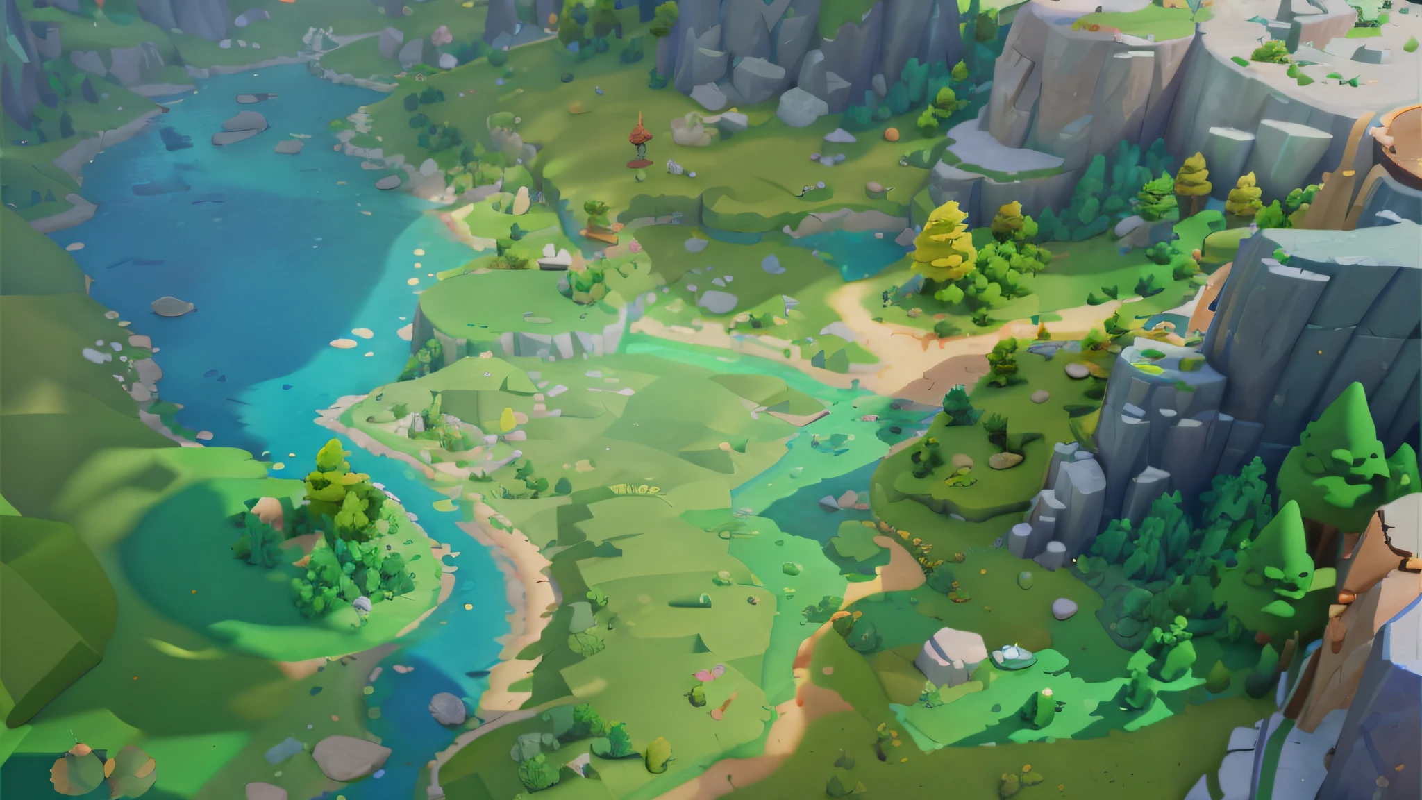 strong sunlight and shadows，dingdall effect，and the sun was shining brightly，lowpoly landscape，River and trees close-up, stylized as a 3d render, High quality low-poly art, sunlighting，Extreme light and shadow effects，Disney  style，Wonderful and magical