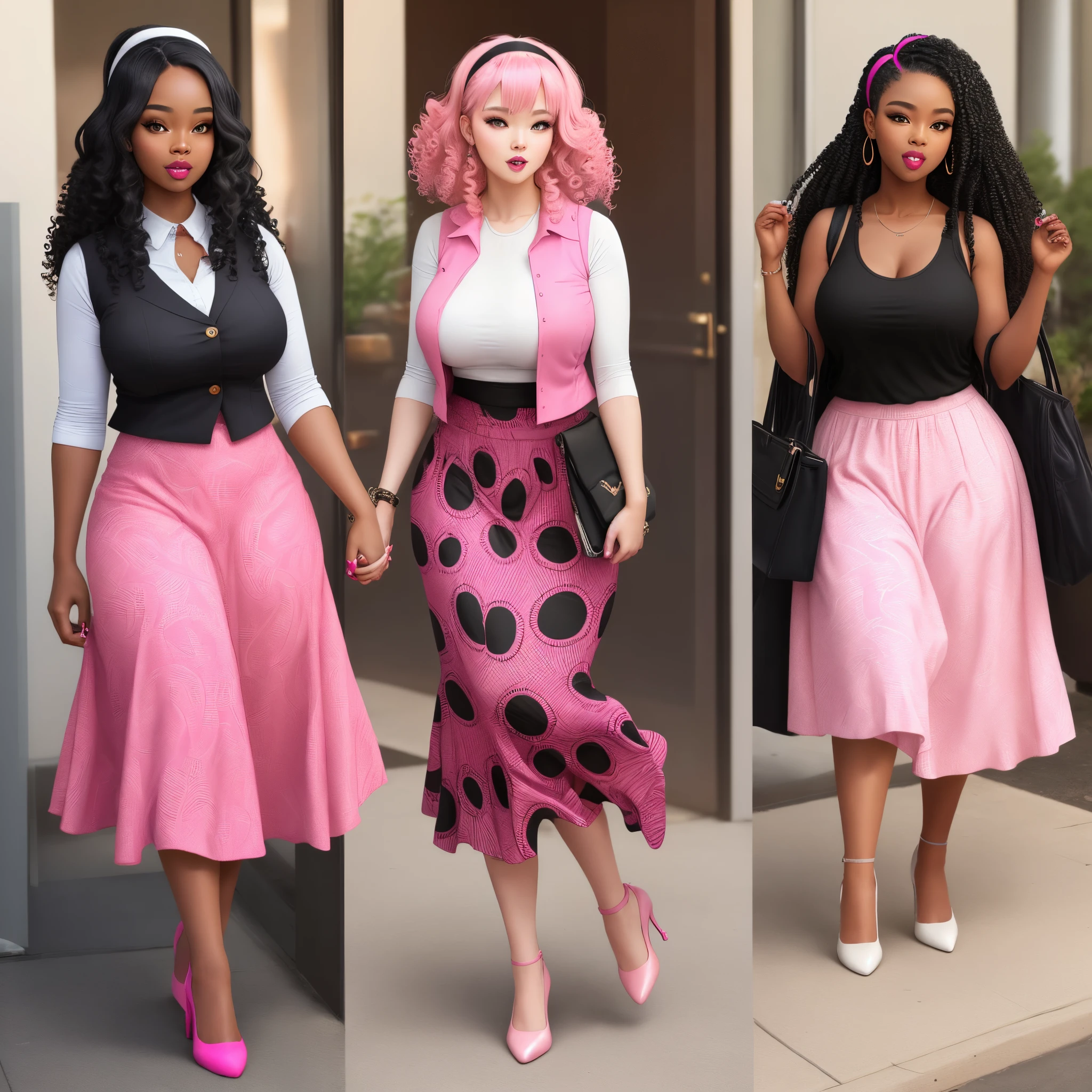 Big fat
beautiful black lady with a pink vest,pink African print long skirt pink shoes,curly long black hair with pink hairband,pink heels and white nail polish toes