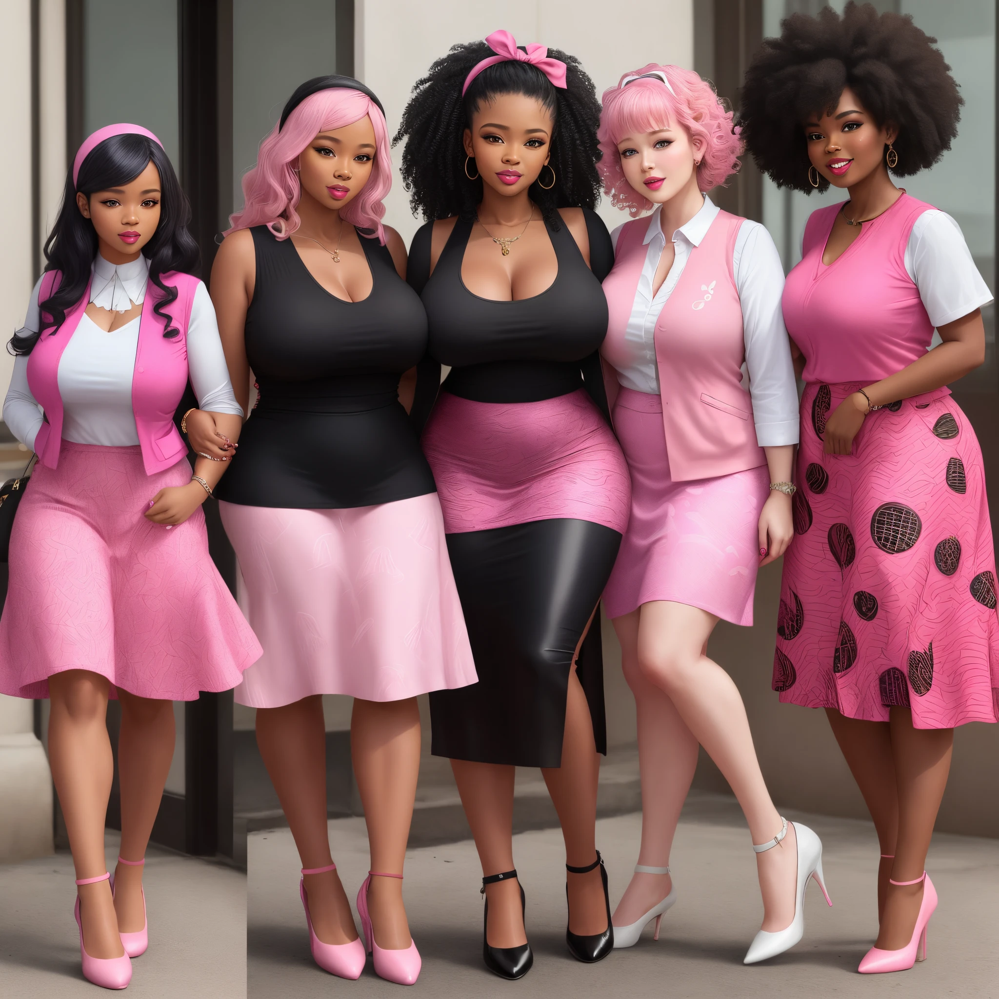 Big fat
beautiful black lady with a pink vest,pink African print long skirt pink shoes,curly long black hair with pink hairband,pink heels and white nail polish toes