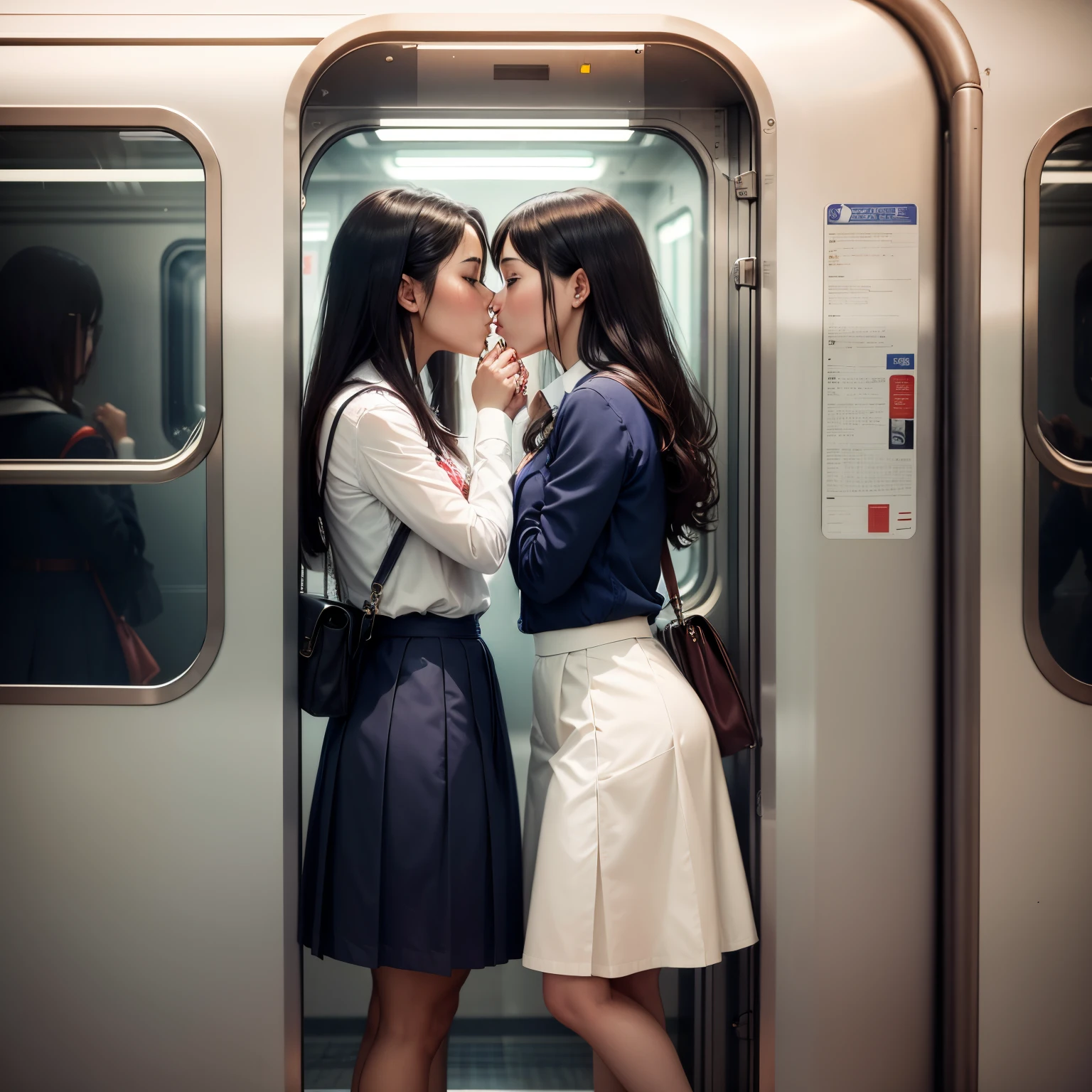 Two women are kissing through the glass of the train door. A woman inside of train is wearing white school uniform. The other woman outside of train is wearing navy blue school uniform. full body shot. --auto