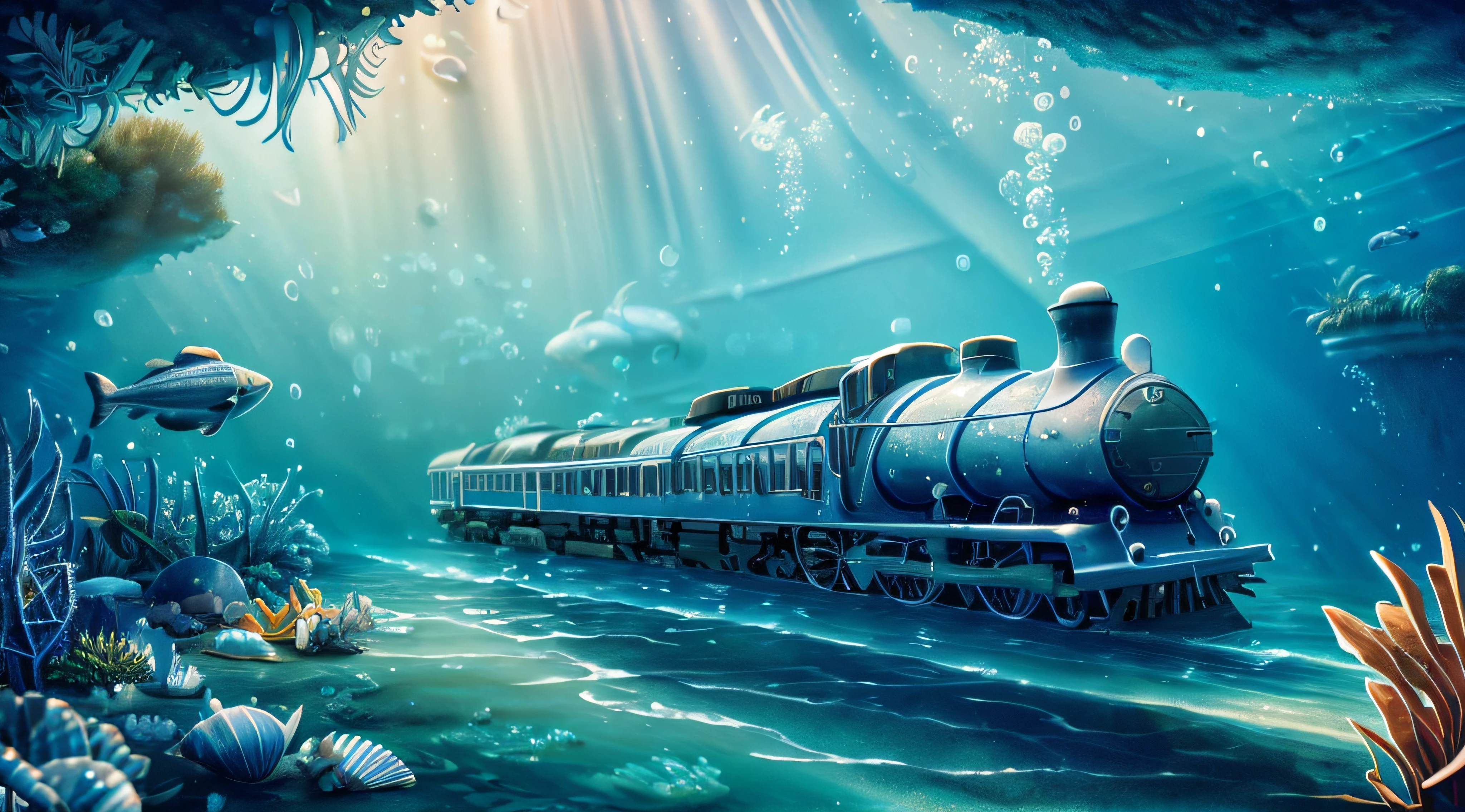 high quality, HDR,  fantasy, beautiful detailed illustration, digital photography, 16K : underwater train in motion underwater, a beautiful detailed locomotive (blue and white reflection, seashell relief drawing), underwater runway perspectives, waves of water bubble, imposing corrals, swimming fish, sun rays shining through the water, captivating sense of speed, bright colors, impressive scale, professional studio lighting.