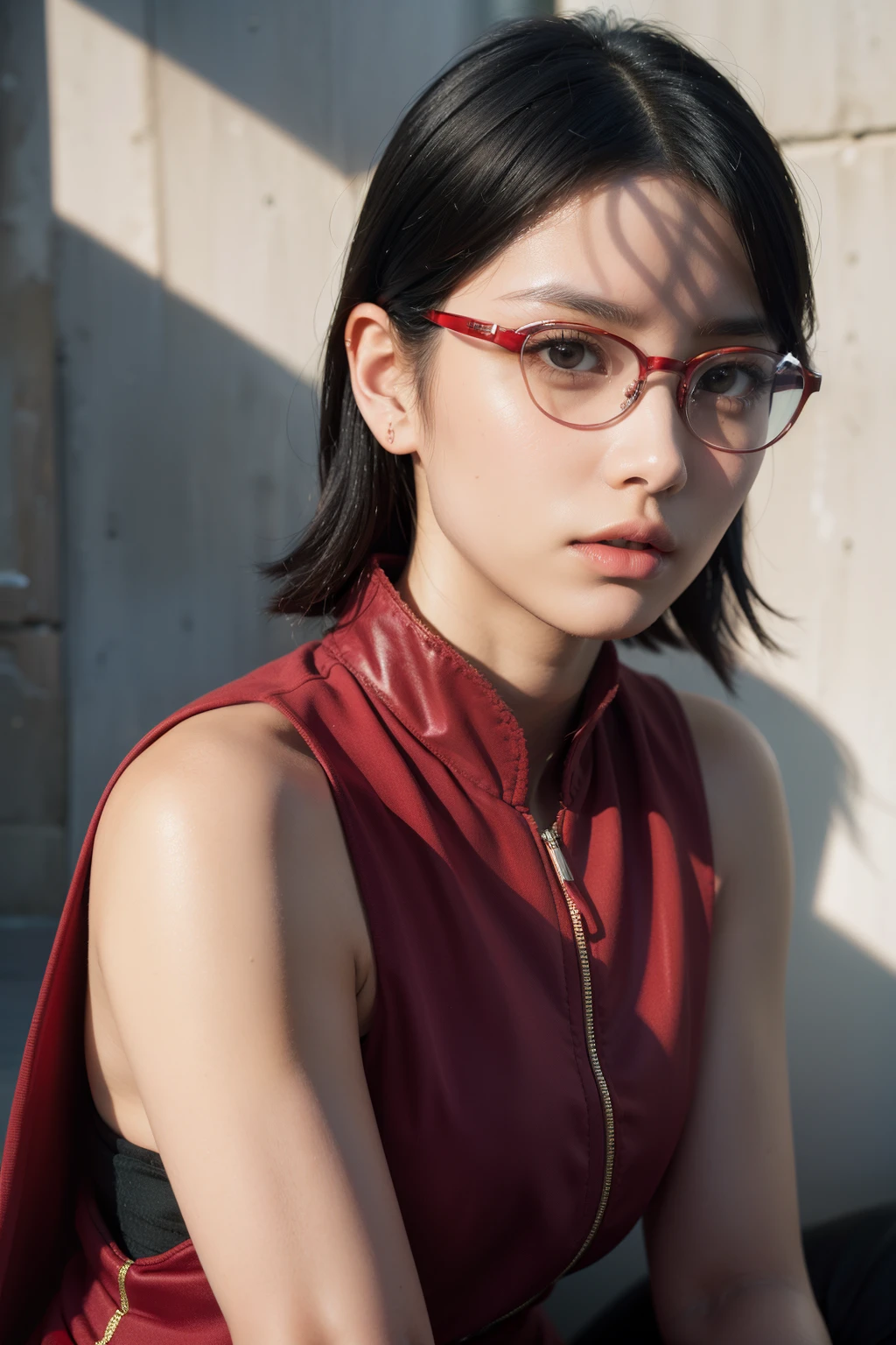 (highres,masterpiece:1.2),ultra-detailed,realistic,professional,beautiful detailed eyes,beautiful detailed lips,dark hair,short black hair,red glasses,stunning black eyes,clear skin,18-year-old girl,fashionable short hairstyle,vibrant red glasses,Shinobi Academy,fierce determination,confident posture,crimson outfit,intense gaze,background filled with ninjutsu techniques,shadows cleverly accentuating her features,subtle studio lighting,sublime realism,striking color tones