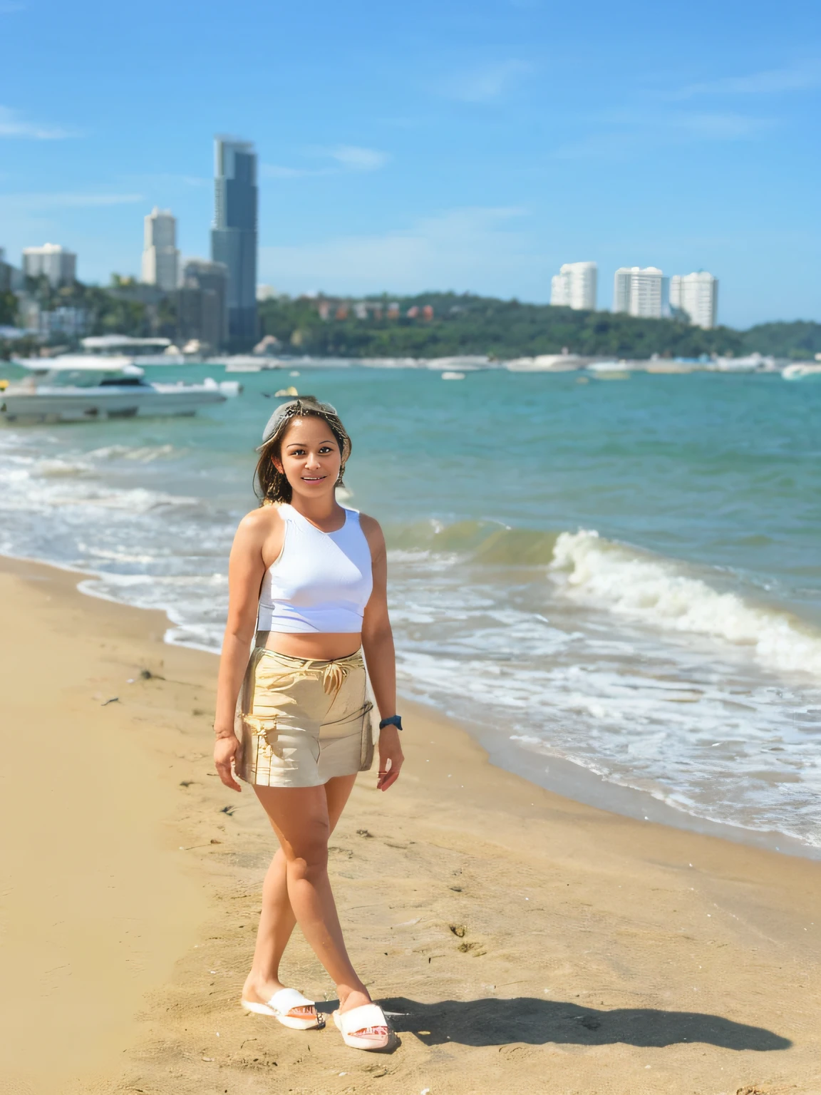 araffe woman standing on the beach with a city in the background, in a beachfront environment, posing on a beach with the ocean, standing at the beach, standing in sand, standing near the beach, with a city in the background, standing on a beach in boracay, standing beside the ocean, standing on a beach, in the beach