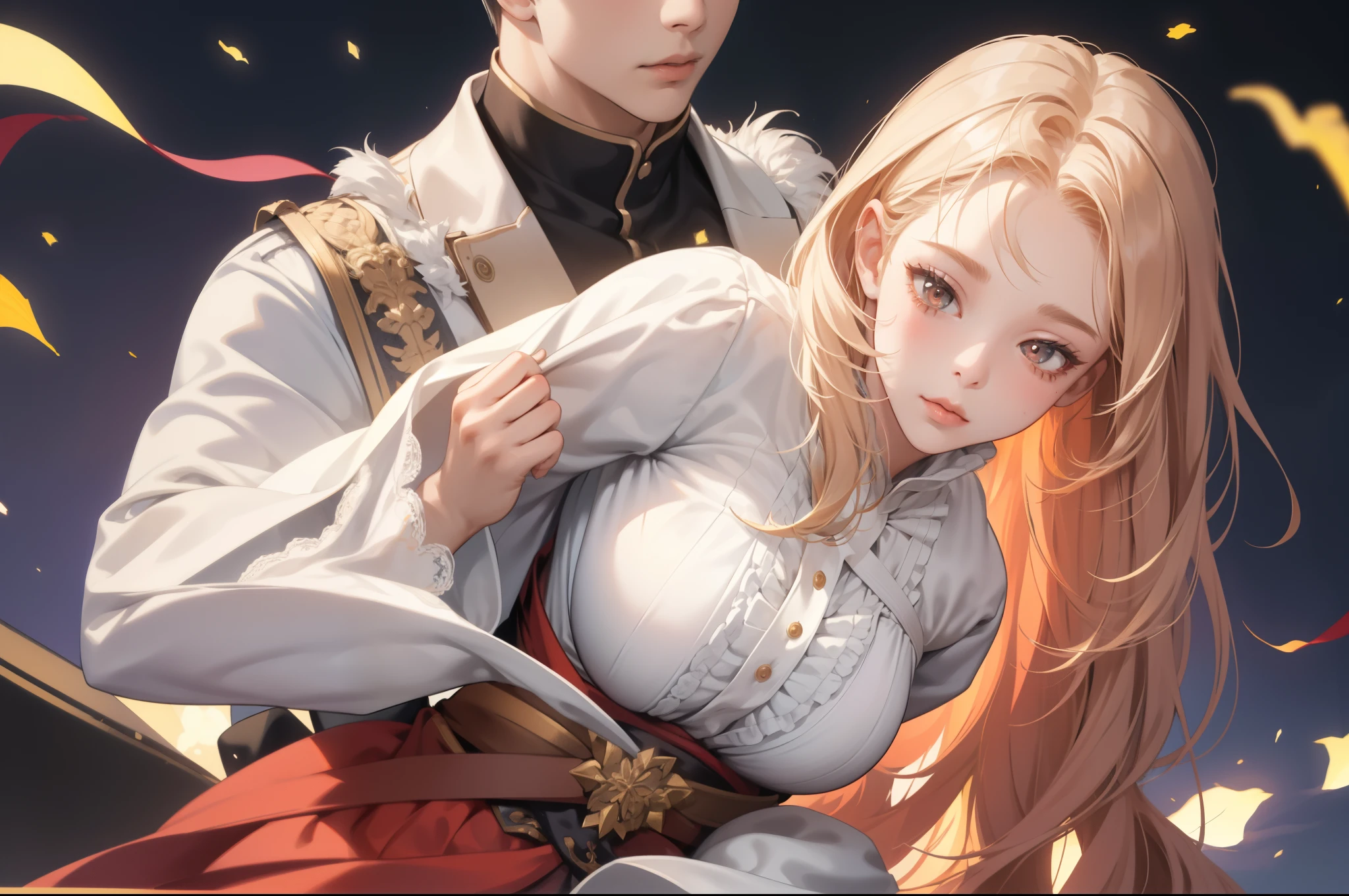 1个Giant Breast Girl, 1boys, princess carry, The upper part of the body, a skirt, long whitr hair, Large breasts,
tmasterpiece, Best quality at best, The is very detailed,Boy picks up girl and tries to kiss