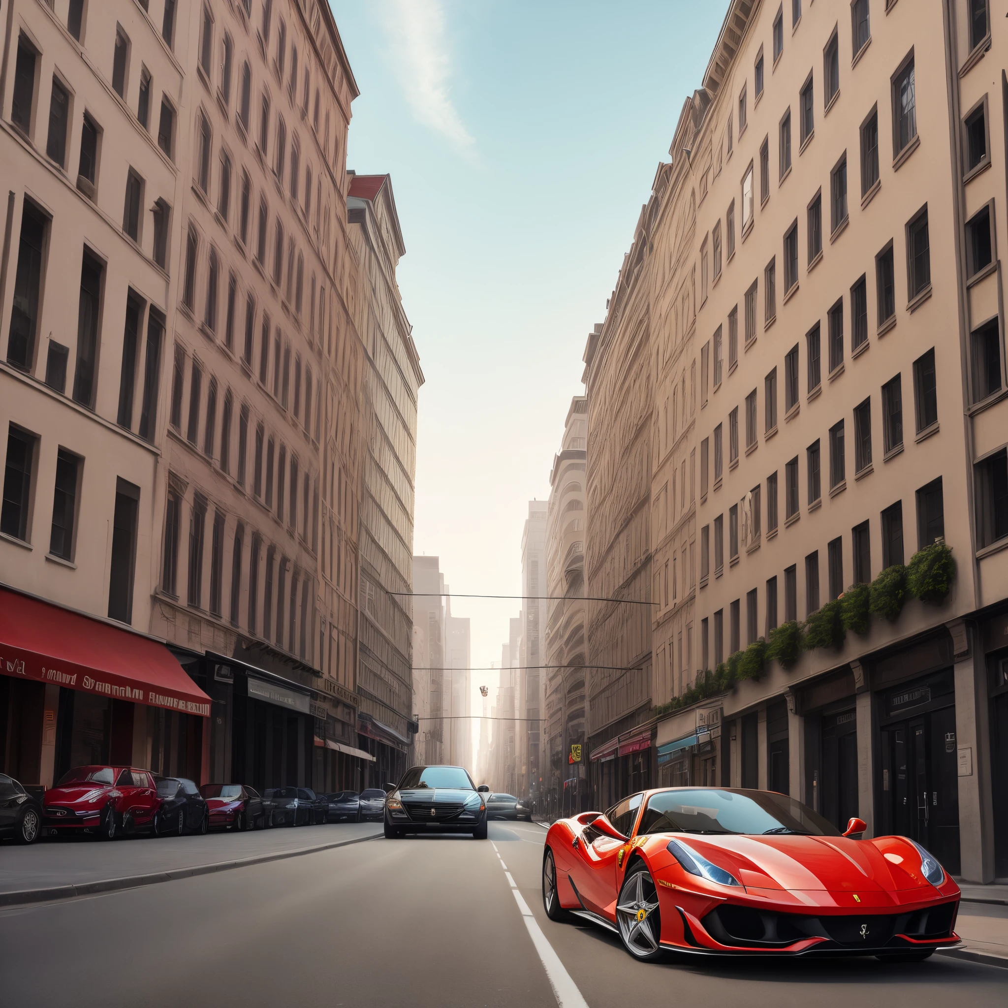 City image with a Ferrari passing by