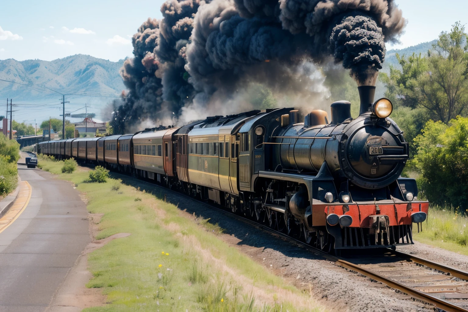 tmasterpiece, Best quality， If you are an artist and want to paint a picture of an old-style American train passing through a small Western town in the 1960s, you may want to consider the following elements:
* Depict the train as a classic American steam locomotive, with a large smokestack and a distinctive whistle.
* Show the train traveling through a small Western town, with wooden buildings and cacti in the background.
* Include details such as telegraph poles, railroad tracks, and rolling hills in the background.
* Use warm colors such as oranges, yellows, and reds to create a sense of warmth and sunlight.
* Depict people in the foreground, such as children playing or adults watching the train go by.
* Use a realistic style, with attention to detail and proportions.
* Consider using a medium such as oil or acrylic paint, which allows for rich, vibrant colors and textures.
* Consider including a sense of movement, such as smoke billowing from the train's smokestack or the train's wheels churning up the tracks.