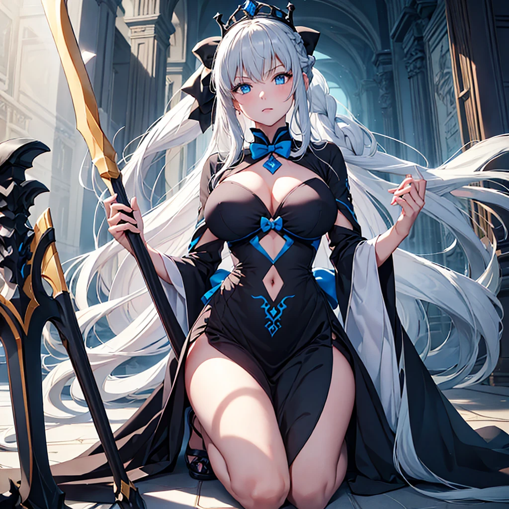 (Enrich the picture,Masterpiece level quality)Beautiful 8K CG artwork,morgan le fay (fate), blue eyes, Long Hair, pony tail,Very long hair, big boob, black bow, looking at viewer, gown, Hair Bow, thights, thights, black dress, Bangs, side locks, French braid, grey hair,Goddess-like posture,Kneeling exercise,Slim and soft,Translucent skin,big breasts,(((solo))),