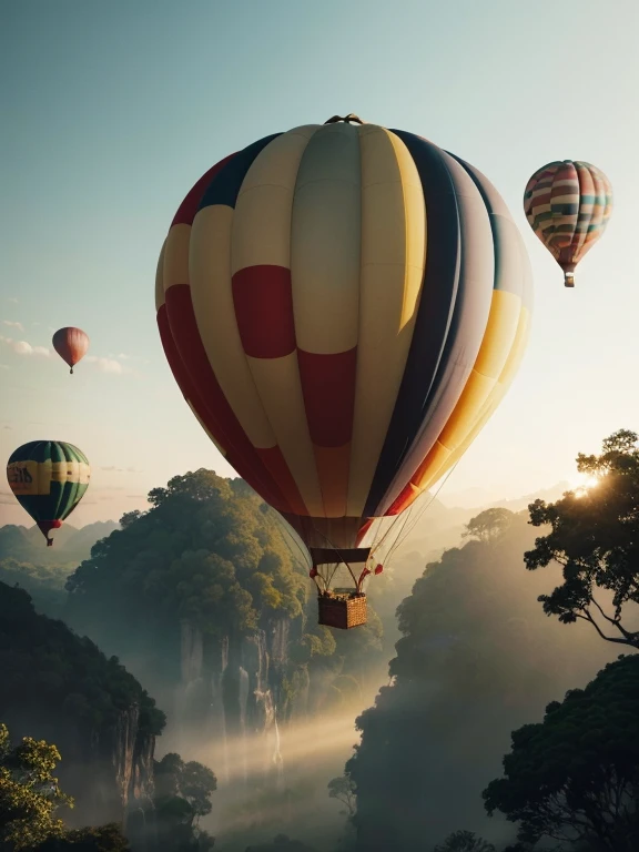 ((top-quality、in 8K、masterpiece:1.3、Raw photo))、Super high quality photos, Hot air balloon flying high above the vast jungle, Under the balloon is a vast tropical jungle, (Photorealistic: 1.4), (hyper realisitic: 1.4), (Realistic: 1.3), (Smooth lighting: 1.05), (Improved film illumination quality: 0. 9), 32K, (Quality Improvement: 1.4), Cinematic lighting、((Hot air balloon flying high above the vast jungle)),