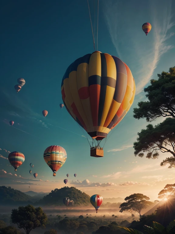 ((top-quality、in 8K、masterpiece:1.3、Raw photo))、Super high quality photos, Hot air balloon flying high above the vast jungle, Under the balloon is a vast tropical jungle, (Photorealistic: 1.4), (hyper realisitic: 1.4), (Realistic: 1.3), (Smooth lighting: 1.05), (Improved film illumination quality: 0. 9), 32K, (Quality Improvement: 1.4), Cinematic lighting、((Hot air balloon flying high above the vast jungle)),