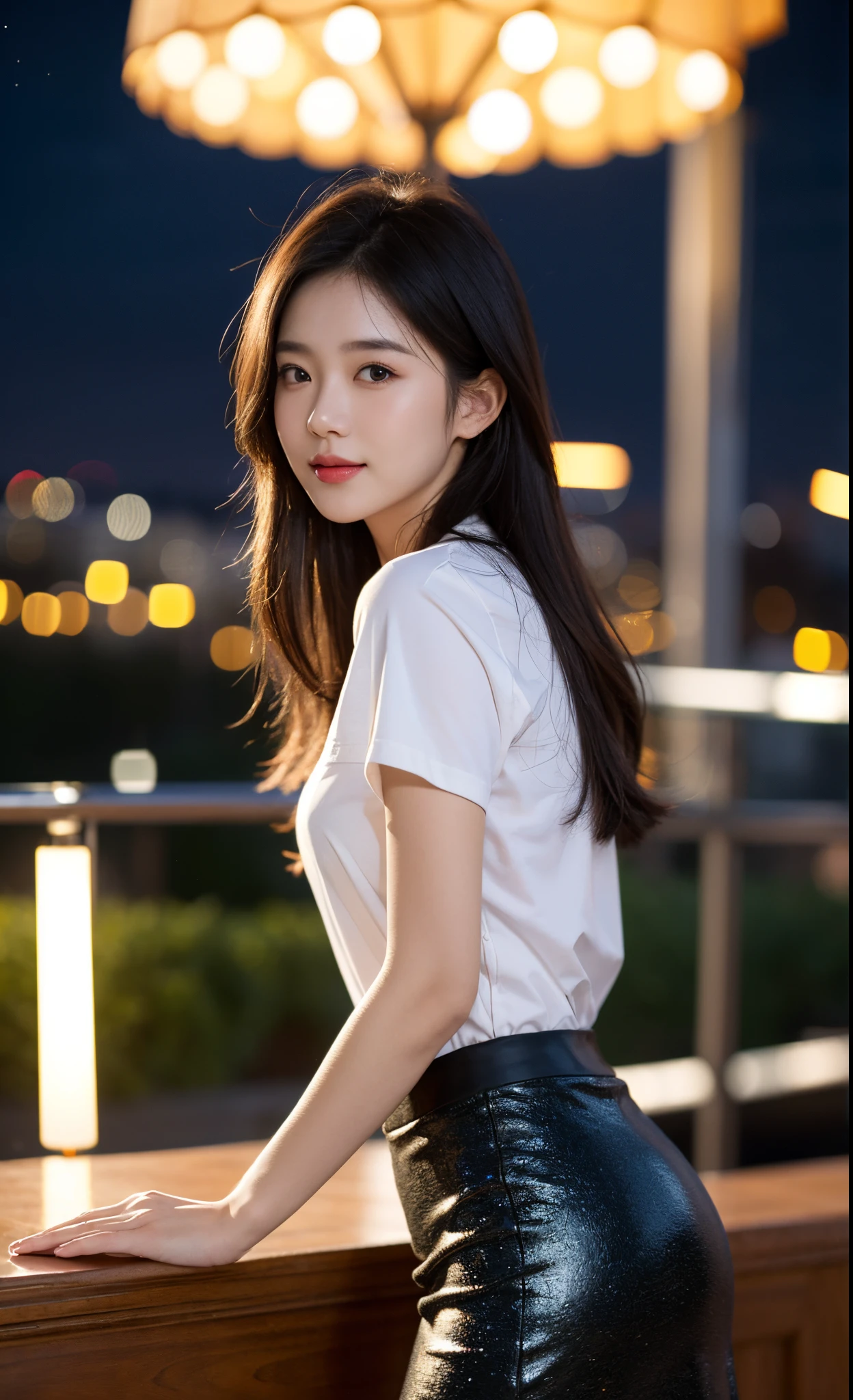 1girl, (looking at viewer), (bokeh:1.1), closed mouth,light smile, realistic, meditation,starry sky,night, shirt,
pencil skirt, skyline,
best quality, (photorealistic:1.4), ultra highres, Chingmy YauV2