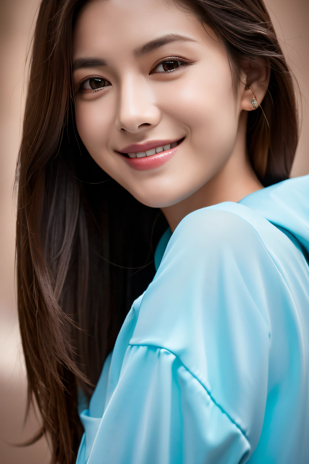 (8k, RAW photo, top quality, masterpiece: 1.2), (realistic, photorealistic: 1.37), super detail, ultra high resolution, one girl, beholder, beautiful detailed face, smile, constriction, (slim waist): 1.3), shirt, beautiful detailed skin, skin texture, floating hair, professional lighting, big