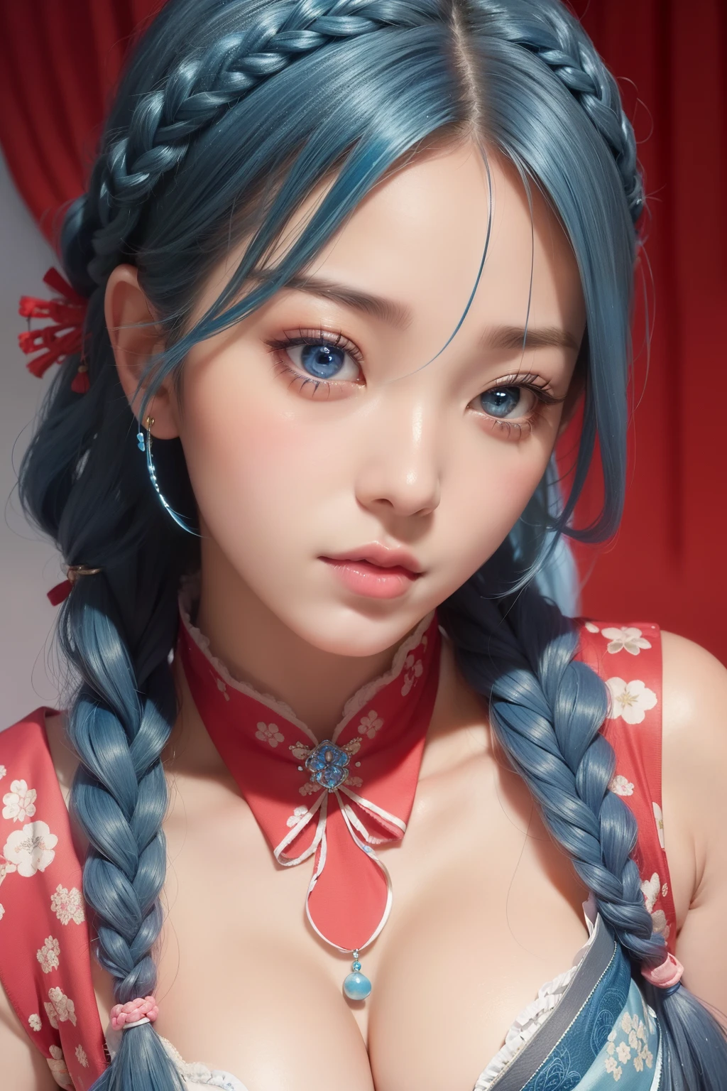 Japanese-looking face, captivating blue, (soft, pastel lips), detailed pupils, blushing, slightly parted lips, (flowing braid hair in serene blue, creating an ethereal appearance), large cleavage, (medium shot)