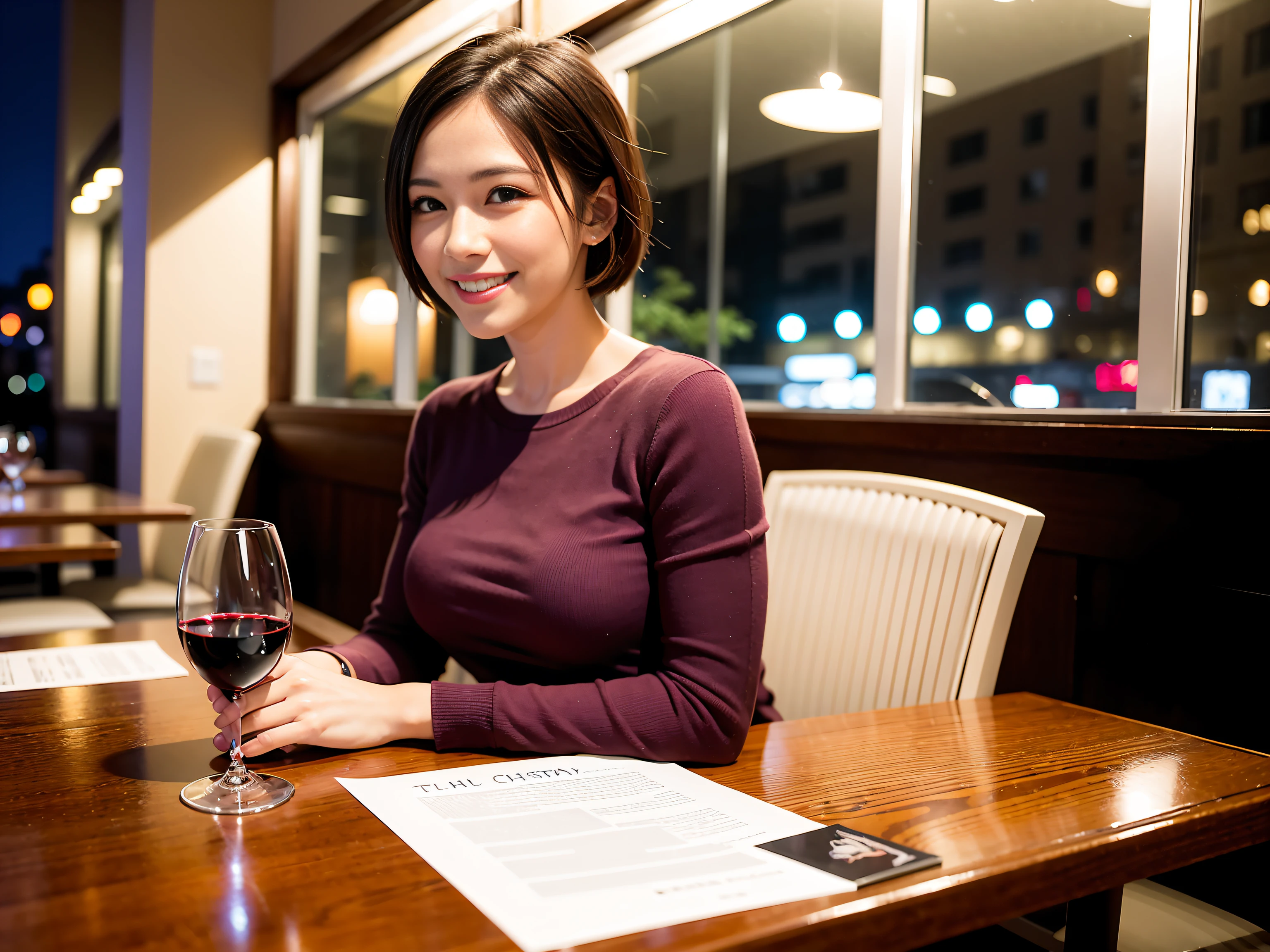 (64K, UHD, top quality, masterpiece: 1.2), (realistic, photorealistic: 1.37), super detailed, pretty woman 1 person, (slim face), (slim body), (brown hair), (short cut), cheeks slightly blushing, (35 years old), 38 years old, solo, beautiful detailed urban night view outside the window, restaurant, wine glasses sit, at night, in a prominent place (from the waist up) NovaFrogStyle, Actress, Model, Waist Up, White Wine, Slim, Wine Glass, Super Clean Night View, Wine Glass Put in the Middle, Happy Smile, (Smile: 1.15), Beautiful Fine Eyes, Upper Body, Bust Japan Up, Night, Short, Short, Actress, Model, Waist Up, White Wine, Slim, Wine Glass, Super Clean Night View, Wine Glass Put in the Middle, Happy Smile,