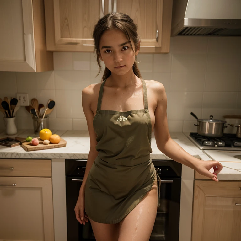 Young girl of 10 years old, in kitchen, wearing apron on body, naked, sweaty body ,sexy, 、Perfect Anatomy, Centered, near perfect, Dynamic, Very detailed, Smooth and sharp focus, Full body shot, 8K, masterpiece, Fine details, Rich colors, Intricate details