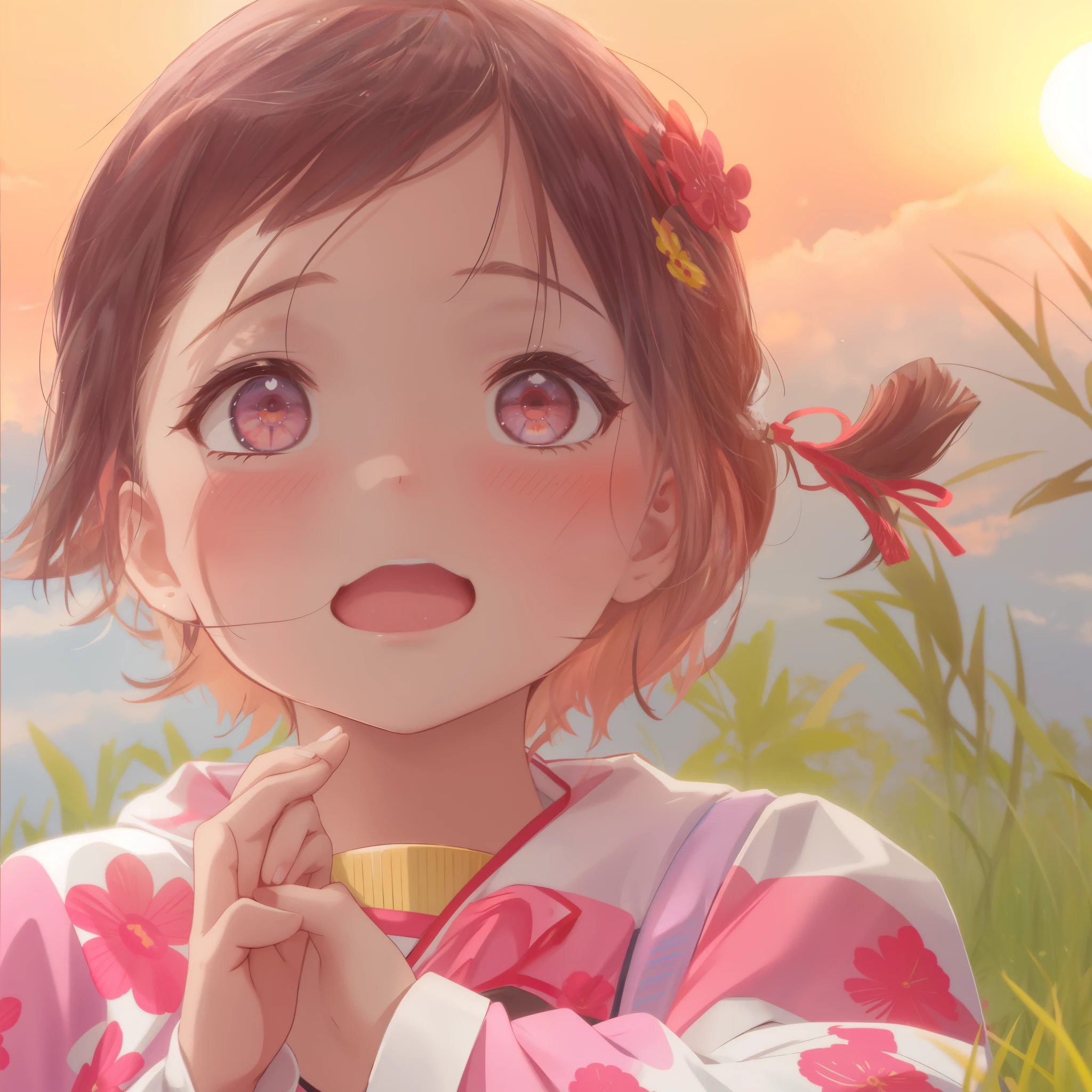 there is a  that is standing in the grass, Cute Korean face, ChineseGirl, The sunset is above my head, young and lovely Asian face, Ruan cute vtuber, Cute and cute, With the setting sun, Very cute and childish, young and cute face, Cute little girllorful cute, With cute doting eyes, beautiful lovely, cute beautiful