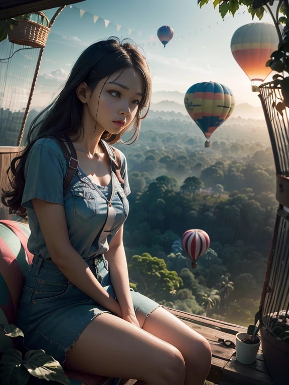 ((top-quality、in 8K、masterpiece:1.3、Raw photo))、Super high quality photos, Hot air balloon flying high above the vast jungle, Under the balloon is a vast tropical jungle, (Photorealistic: 1.4), (hyper realisitic: 1.4), (Realistic: 1.3), (Smooth lighting: 1.05), (Improved film illumination quality: 0. 9), 32K, (Quality Improvement: 1.4), Cinematic lighting、((Hot air balloon flying high above the vast jungle)), ((A female idol looking down inside the cage of one of the hot air balloons)), ((Perfect beauty)), ((Slim and beautiful proportions)),