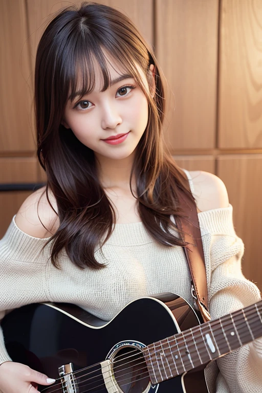 Best Quality, 超A high resolution, (Photorealistic:1.4), 1girl in, High Nose Bridge, Medium Hair, (Outer bounce), drooping bangs, (tight sweater), (Off-shoulder),, smil, (real  face), (age19:1.5), Shot from a distance, (FULL BODYSHOT), a bed,（holding an electric guitar）
