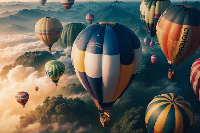 ((top-quality、in 8K、​masterpiece:1.3、Raw photo))、Super high quality photos, Hot air balloon flying high above the vast jungle, Under the balloon is a vast tropical jungle, (Photorealistic: 1.4), (hyper realisitic: 1.4), (Realistic: 1.3), (Smooth lighting: 1.05), (Improved film illumination quality: 0. 9), 32K, (Quality Improvement: 1.4), Cinematic lighting、((Hot air balloon flying high above the vast jungle)),