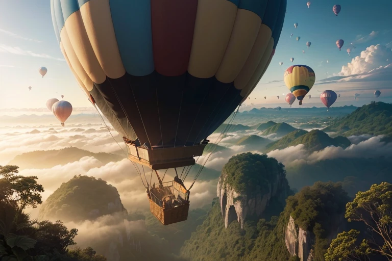 ((top-quality、in 8K、​masterpiece:1.3、Raw photo))、Super high quality photos, Hot air balloon flying high above the vast jungle, Under the balloon is a vast tropical jungle, (Photorealistic: 1.4), (hyper realisitic: 1.4), (Realistic: 1.3), (Smooth lighting: 1.05), (Improved film illumination quality: 0. 9), 32K, (Quality Improvement: 1.4), Cinematic lighting、((Hot air balloon flying high above the vast jungle)),