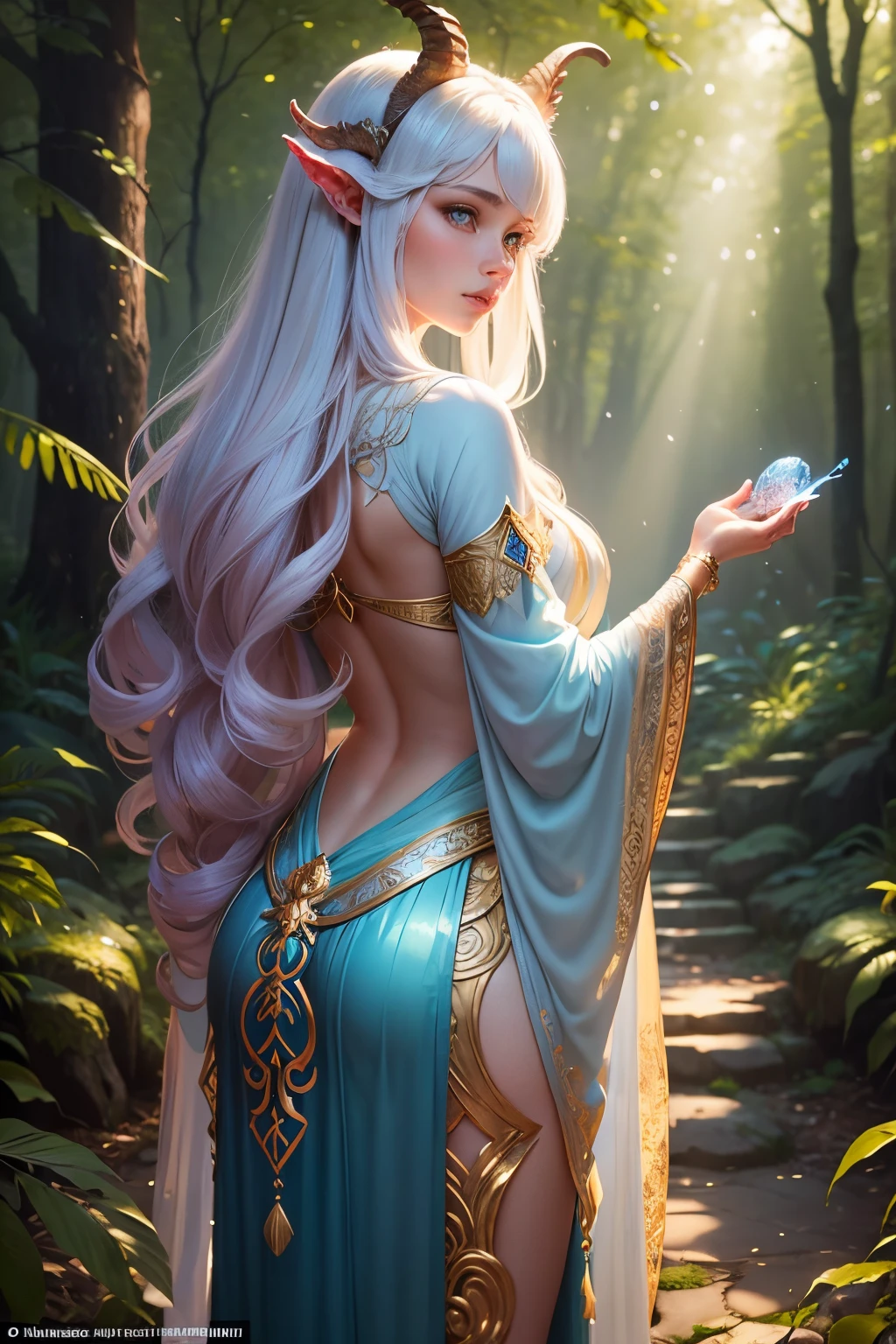 (best quality,ultra-detailed),(realistic:1.37),A beautiful member of a fantasy race named wilderkin with goat ears, goat horns, a goat tail, and goat hooves,illuminated by soft ethereal light. She stands gracefully in a lush enchanted forest, surrounded by towering ancient trees. Her eyes, a captivating shade of sapphire blue, sparkle with a hint of magic. The intricate patterns on her goat horns shimmer with iridescent hues, reflecting the mystical energy of the forest. Her long, flowing hair, reminiscent of golden silk, cascades down her back, entwined with delicate blooms of colorful wildflowers. Adorned in an elegant robe weaved from ethereal threads, she emanates an aura of enchantment and wisdom. The forest air is filled with the melodious whispers of woodland creatures, dancing sunlight filtering through the canopy above, creating a dreamlike atmosphere. The scene is brought to life with vibrant, vivid colors, with a palette showcasing the natural beauty of the wilderness.