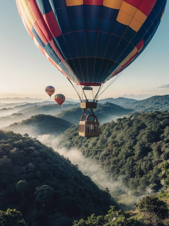 ((top-quality、in 8K、masterpiece:1.3、Raw photo))、Super high quality photos, Hot air balloon flying high above the vast jungle, Under the balloon is a vast tropical jungle, (Photorealistic: 1.4), (hyper realisitic: 1.4), (Realistic: 1.3), (Smooth lighting: 1.05), (Improved film illumination quality: 0. 9), 32K, (Quality Improvement: 1.4), Cinematic lighting、((Hot air balloon flying high above the vast jungle)), ((A female idol looking down inside the cage of one of the hot air balloons)), ((Perfect beauty)), ((Slim and beautiful proportions)),