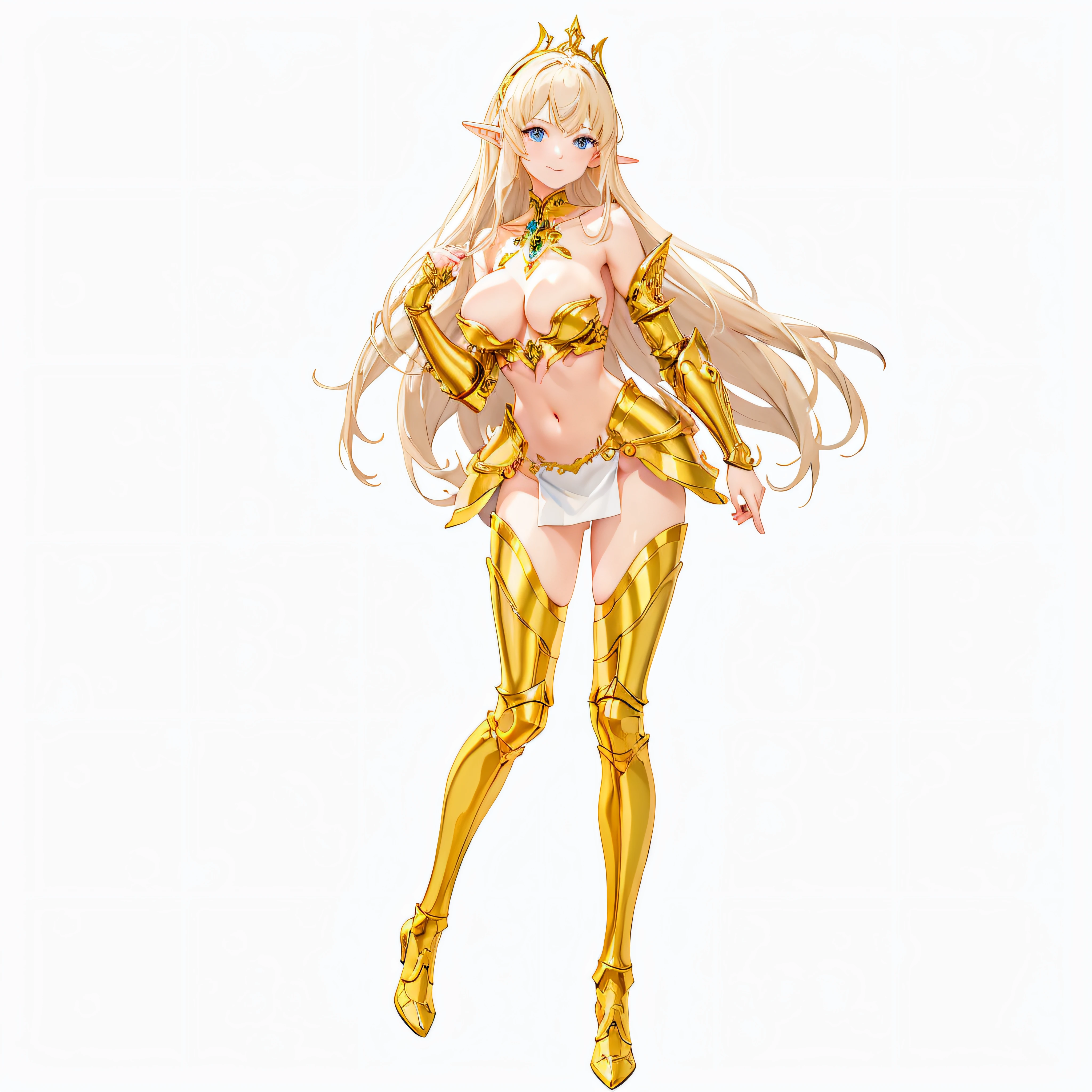 masterpiece、top-quality、ighly detailed、hight resolution、16k、fullnude、teats、Boob proportions、golden armour、Very thin skirt、Black pants、Full body like、Very white skin、Beautiful fingers、Anime girl with very big breasts posing naked、Perfect Style、elvish、no-bra、Blonde blue-eyed、A smile、An elf girl