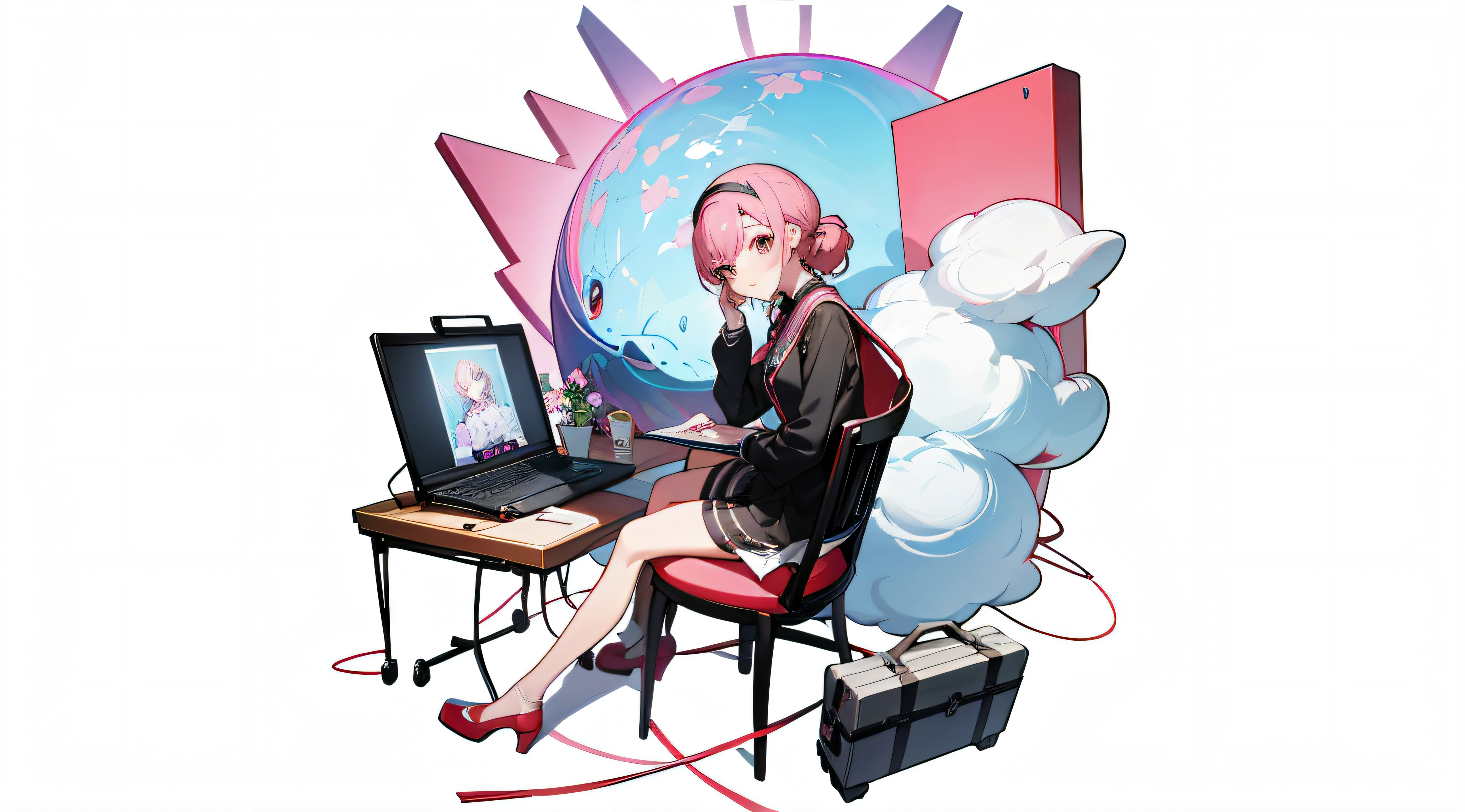 Anime style woman sitting on chair,With laptop and suitcase, Digital art on Pixiv, From the maiden front, pixiv 3dcg, Official artwork, anime artsyle, pixiv, Shoujo Frontline CG, persona 5 art style wlop, anime artsyle, digital art from danganronpa, finely detailled. Girl Front, Anime 3D Art