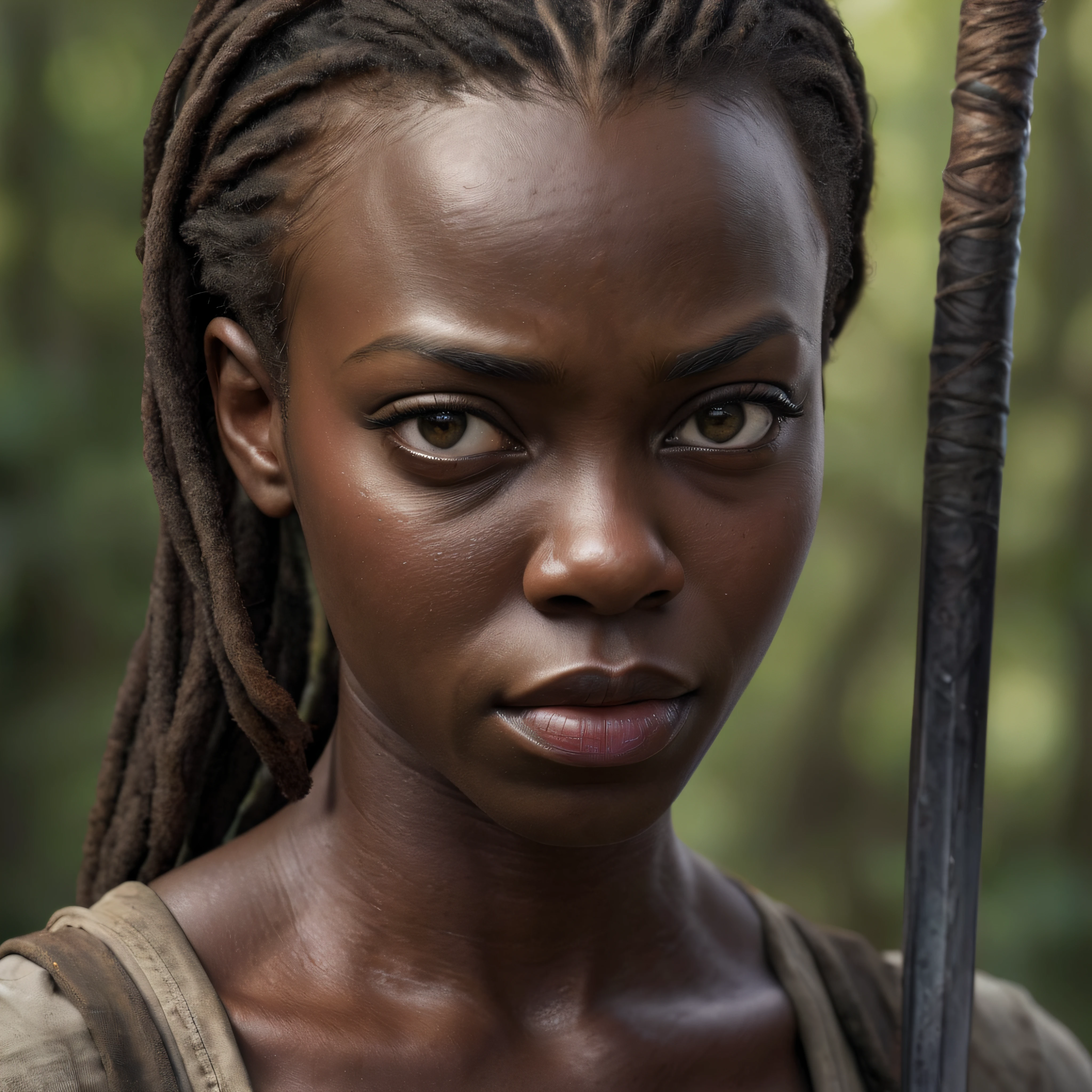 facial portrait of Danai Gurira as Michonne from THE WALKING DEAD, 32k UHD, Hyper realistic, photorealistic, realistic, sharp, highly detailed, professional quality, beautiful, awesome, majestic, superb, trending on artstation, full color digital photograph