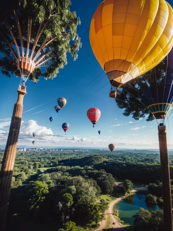 ((top-quality、in 8K、masterpiece:1.3、Raw photo))、Super high quality photos, Hot air balloon flying high above the vast jungle, Under the balloon is a vast tropical jungle, (Photorealistic: 1.4), (hyper realisitic: 1.4), (Realistic: 1.3), (Smooth lighting: 1.05), (Improved film illumination quality: 0. 9), 32K, (Quality Improvement: 1.4), Cinematic lighting、((Hot air balloon flying high above the vast jungle)), ((A female idol looking down inside the cage of one of the hot air balloons)), ((Perfect beauty)), ((Slim and beautiful proportions)),