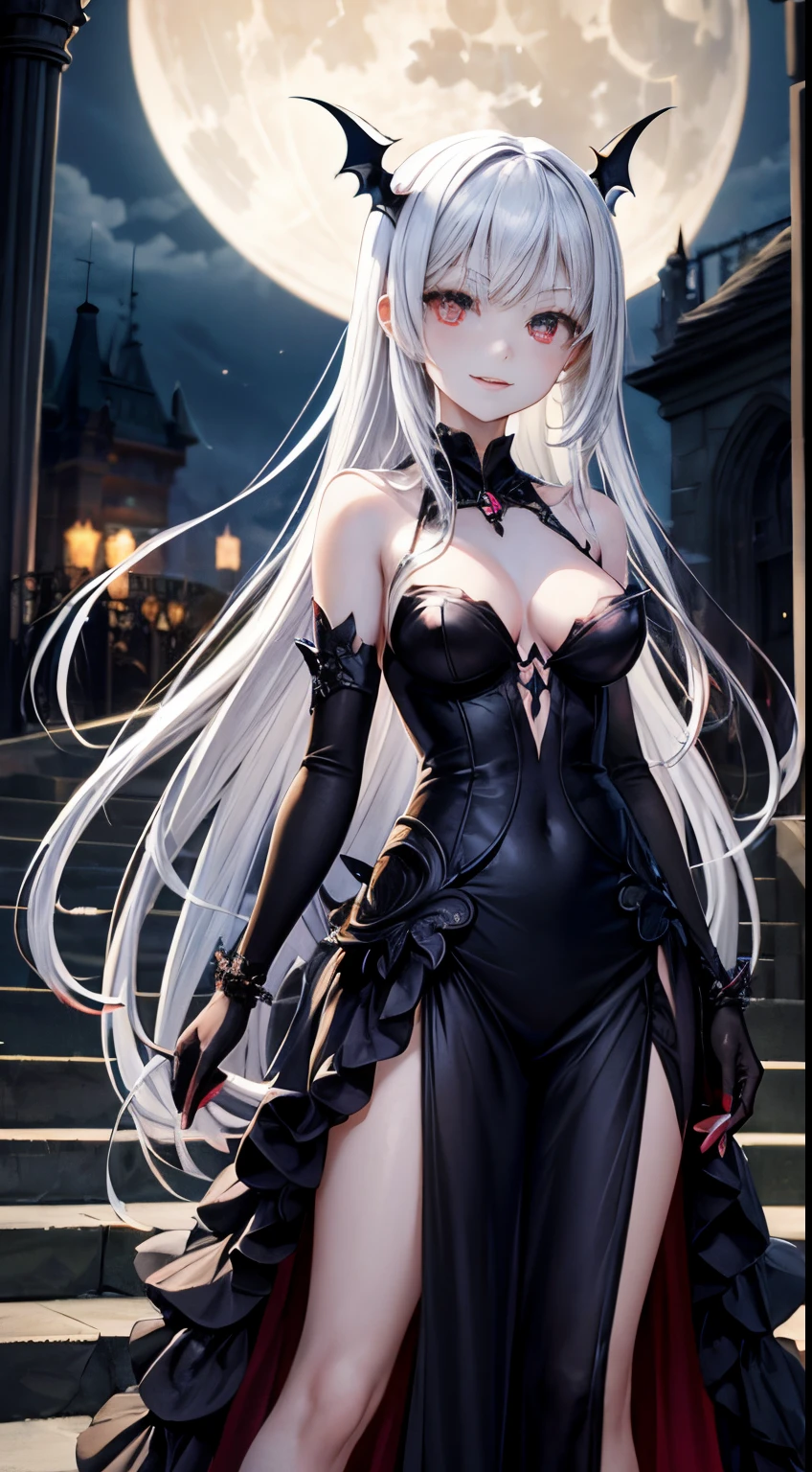anime style; It's night, the little lighting comes from lit candles floating in the air; mysterious castle lobby; on the staircase in the center of the scene we see a vampire woman, pale face, bite marks on her neck, long and very straight hair, sculptural body, she wears a long transparent dress, through the transparency we can see large very breasts with large nipples, a slit in the dress shows her legs , she wears red high-heeled shoes with a silver stare and a mischievous smile; add a tiny flying bat to the scene; add pictures to the scene on the walls; add to the scene a glass window showing the moon in the sky outside.