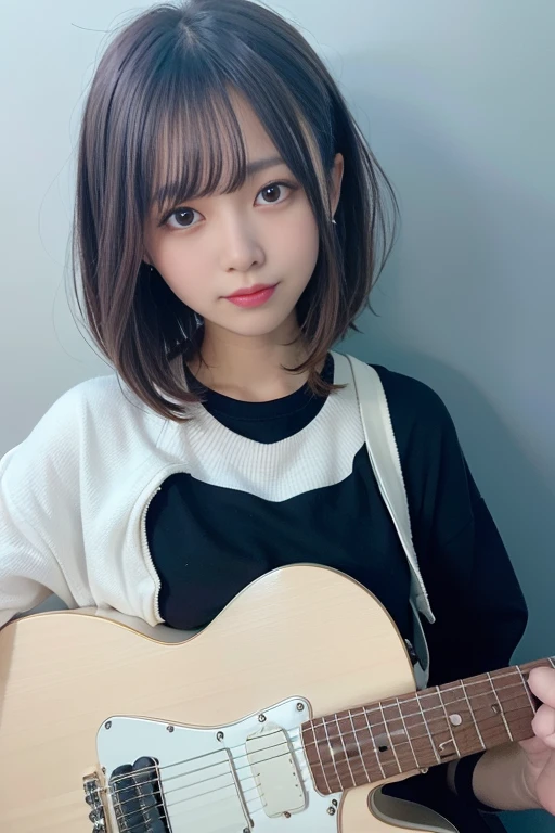 (8K, Raw photo:1.2),Detailed face and eyes,Best Quality, 超A high resolution, Highly detailed ,intricate detailes ,masutepiece ,Cute Girl , Soft cinematic light, Hyper-detailing, High quality,A dark-haired, bob cuts, NSFW,Wearing a dress、(holding an electric guitar)、White background、full body Esbian