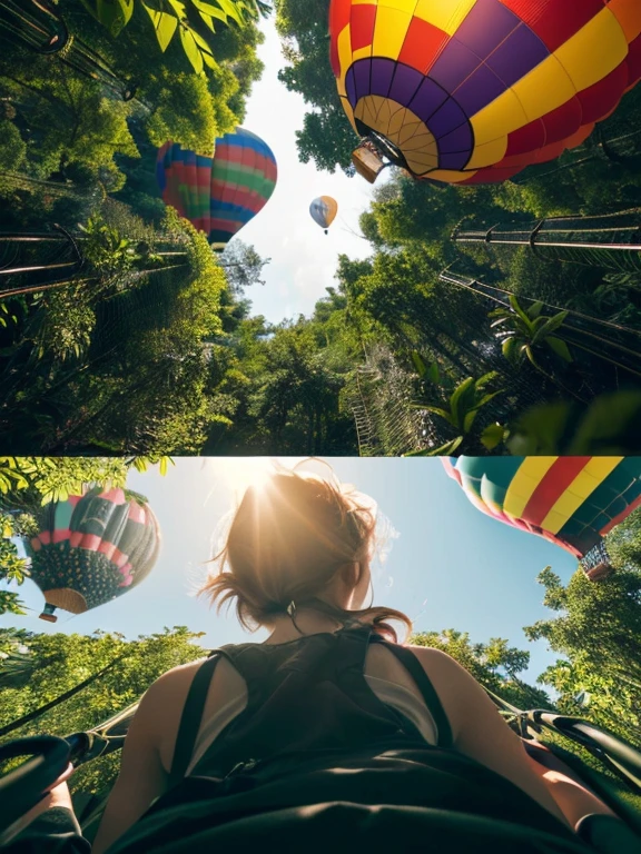 ((top-quality、in 8K、masterpiece:1.3、Raw photo))、Super high quality photos, Hot air balloon flying high above the vast jungle, Under the balloon is a vast tropical jungle, (Photorealistic: 1.4), (hyper realisitic: 1.4), (Realistic: 1.3), (Smooth lighting: 1.05), (Improved film illumination quality: 0. 9), 32K, (Quality Improvement: 1.4), Cinematic lighting、((Hot air balloon flying high above the vast jungle)), ((A female idol looking down inside the cage of one of the hot air balloons)), ((Perfect beauty)), ((Slim and beautiful proportions)),