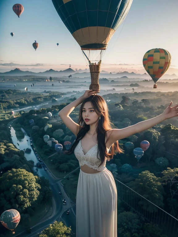 ((top-quality、in 8K、masterpiece:1.3、Raw photo))、Super high quality photos, Hot air balloon flying high above the vast jungle, Under the balloon is a vast tropical jungle, (Photorealistic: 1.4), (hyper realisitic: 1.4), (Realistic: 1.3), (Smooth lighting: 1.05), (Improved film illumination quality: 0. 9), 32K, (Quality Improvement: 1.4), Cinematic lighting、((Hot air balloon flying high above the vast jungle)), ((A female idol looking down inside the cage of one of the hot air balloons)), ((Perfect beauty)), ((Slim and beautiful proportions)),