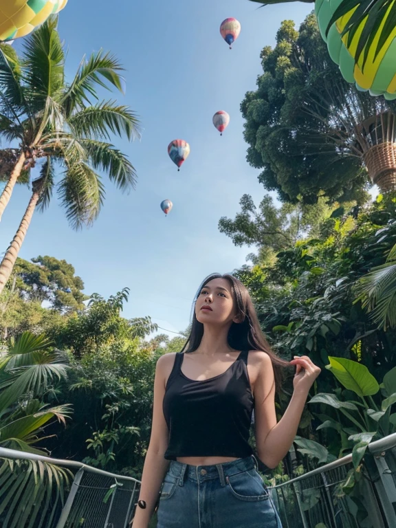 ((top-quality、in 8K、​masterpiece:1.3、Raw photo))、Super high quality photos, Hot air balloon flying high above the vast jungle, Under the balloon is a vast tropical jungle, (Photorealistic: 1.4), (hyper realisitic: 1.4), (Realistic: 1.3), (Smooth lighting: 1.05), (Improved film illumination quality: 0. 9), 32K, (Quality Improvement: 1.4), Cinematic lighting、((Hot air balloon flying high above the vast jungle)), ((A female idol looking down inside the cage of one of the hot air balloons)), ((Perfect beauty)), ((Slim and beautiful proportions)),